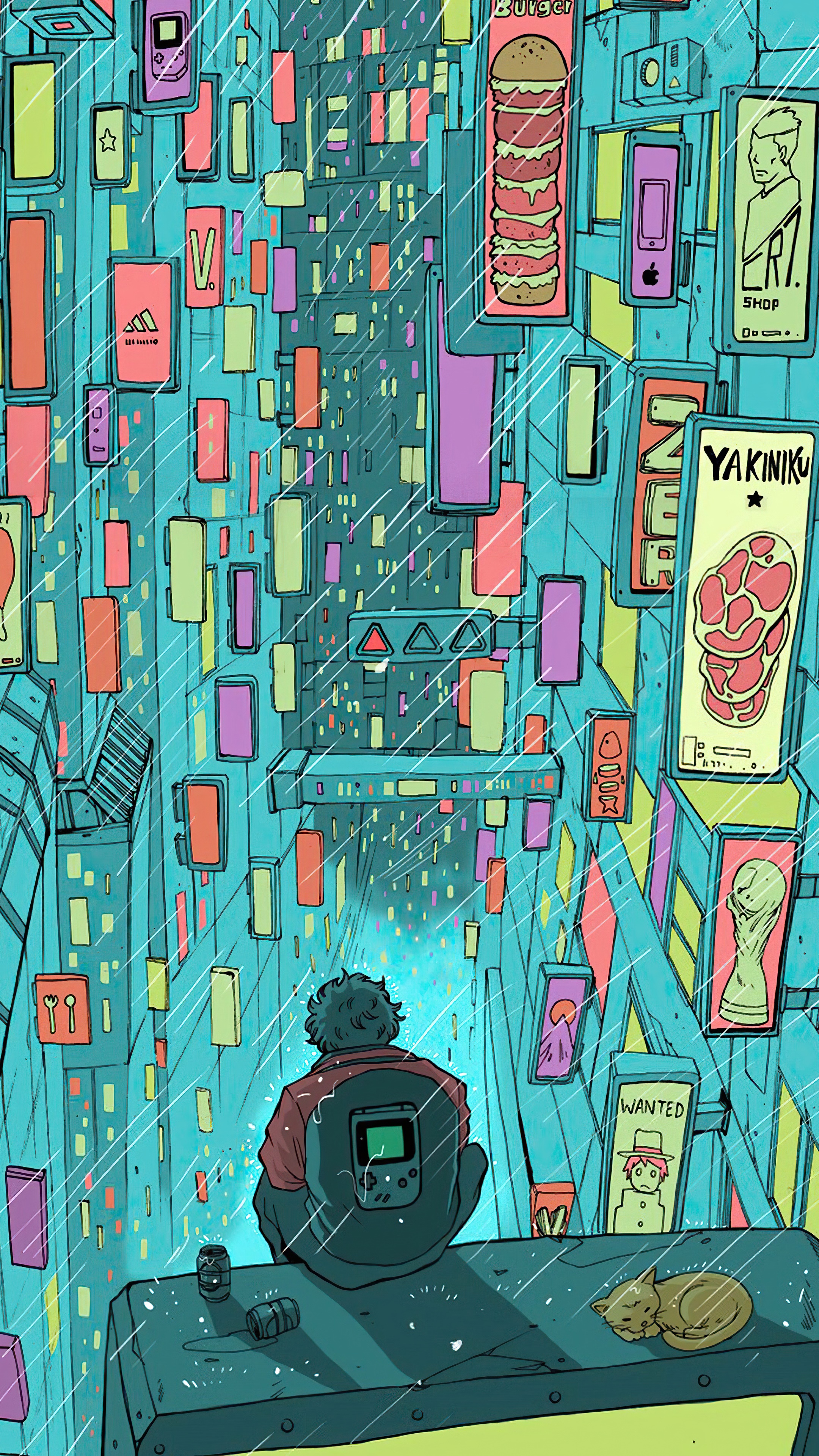 Person sitting in a rainy cyberpunk city with advertisements HD Phone Wallpaper