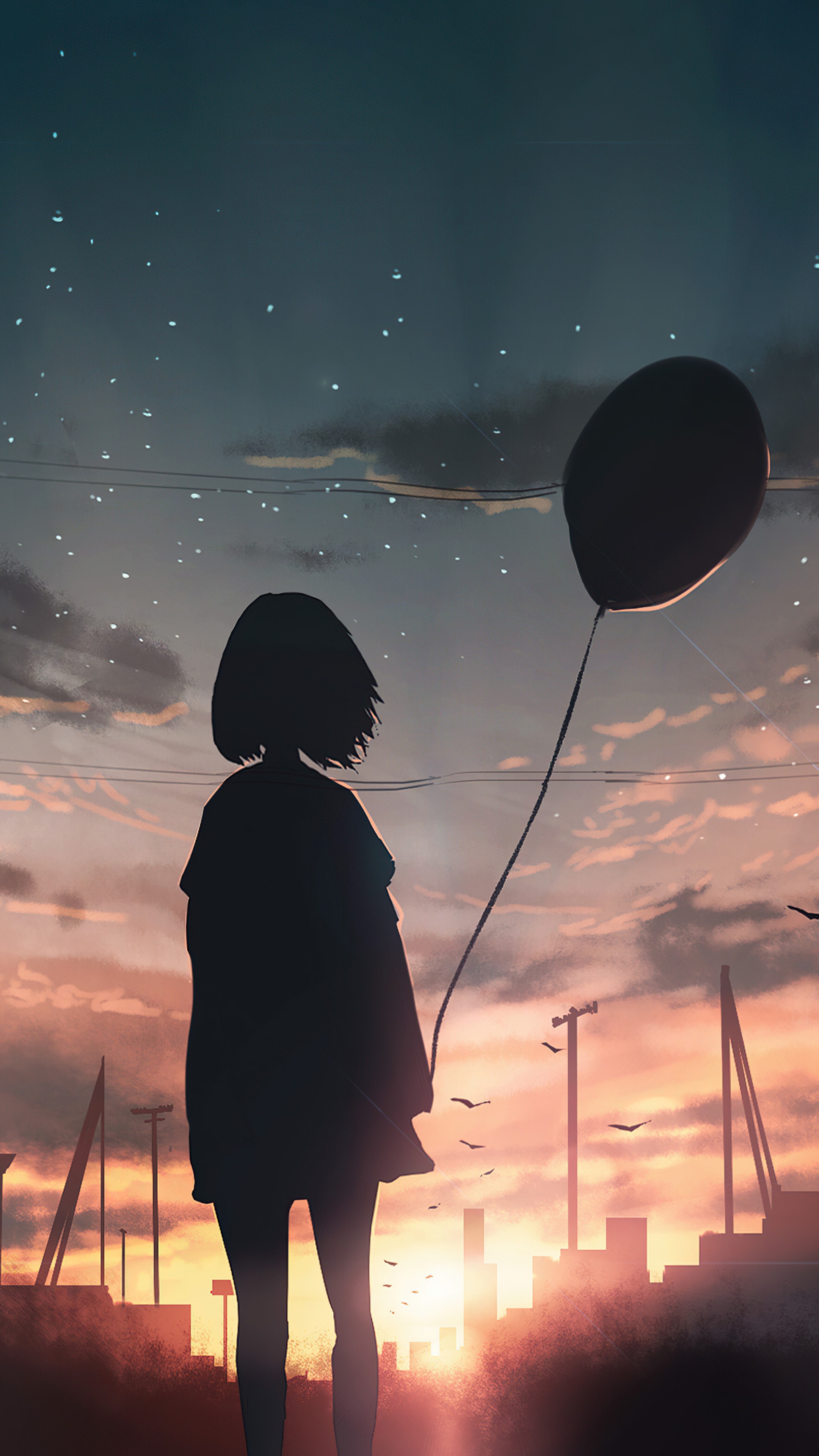 Anime girl with balloon at sunset HD Phone Wallpaper