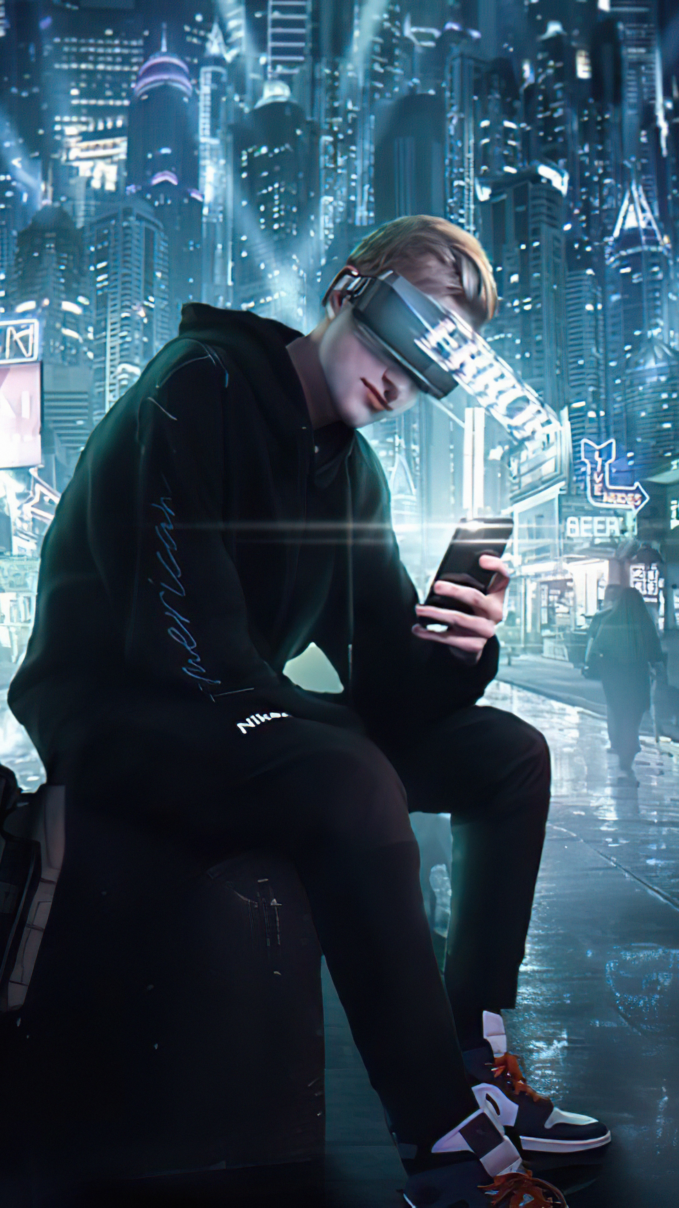 Man in VR headset in cyberpunk city HD Phone Wallpaper
