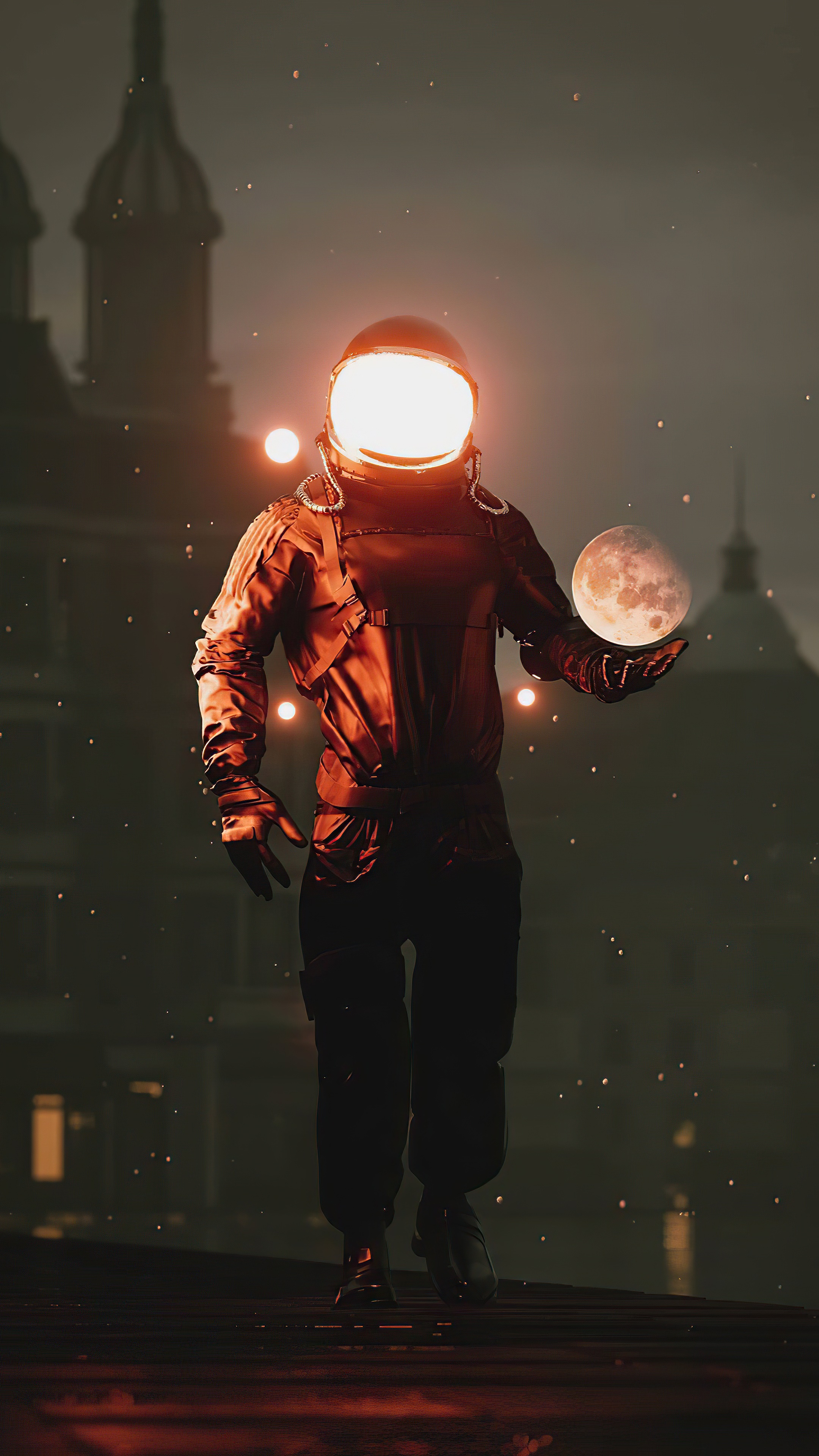 Astronaut holding the moon with glowing helmet HD Phone Wallpaper