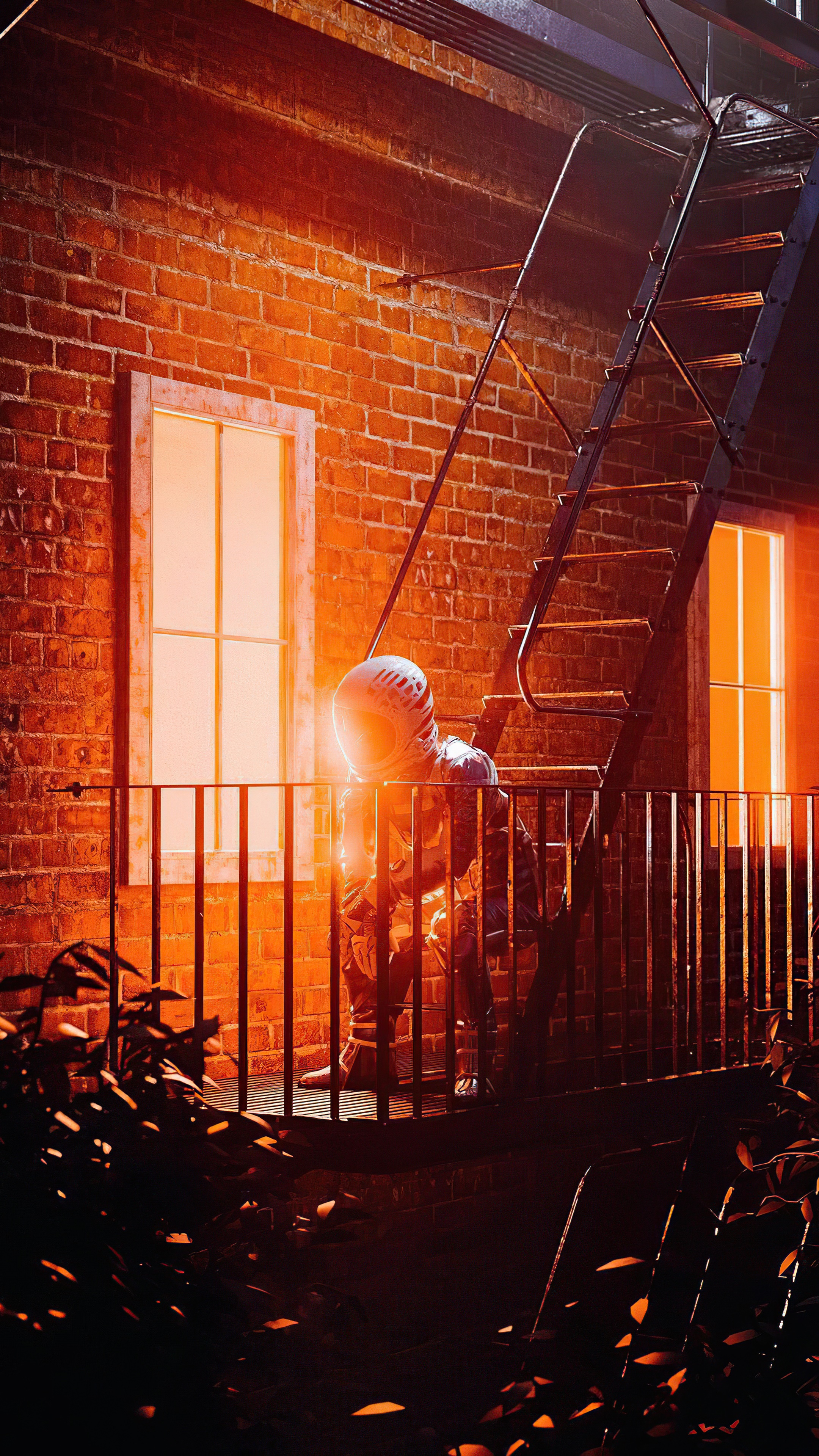 Astronaut on a fire escape at night HD Phone Wallpaper