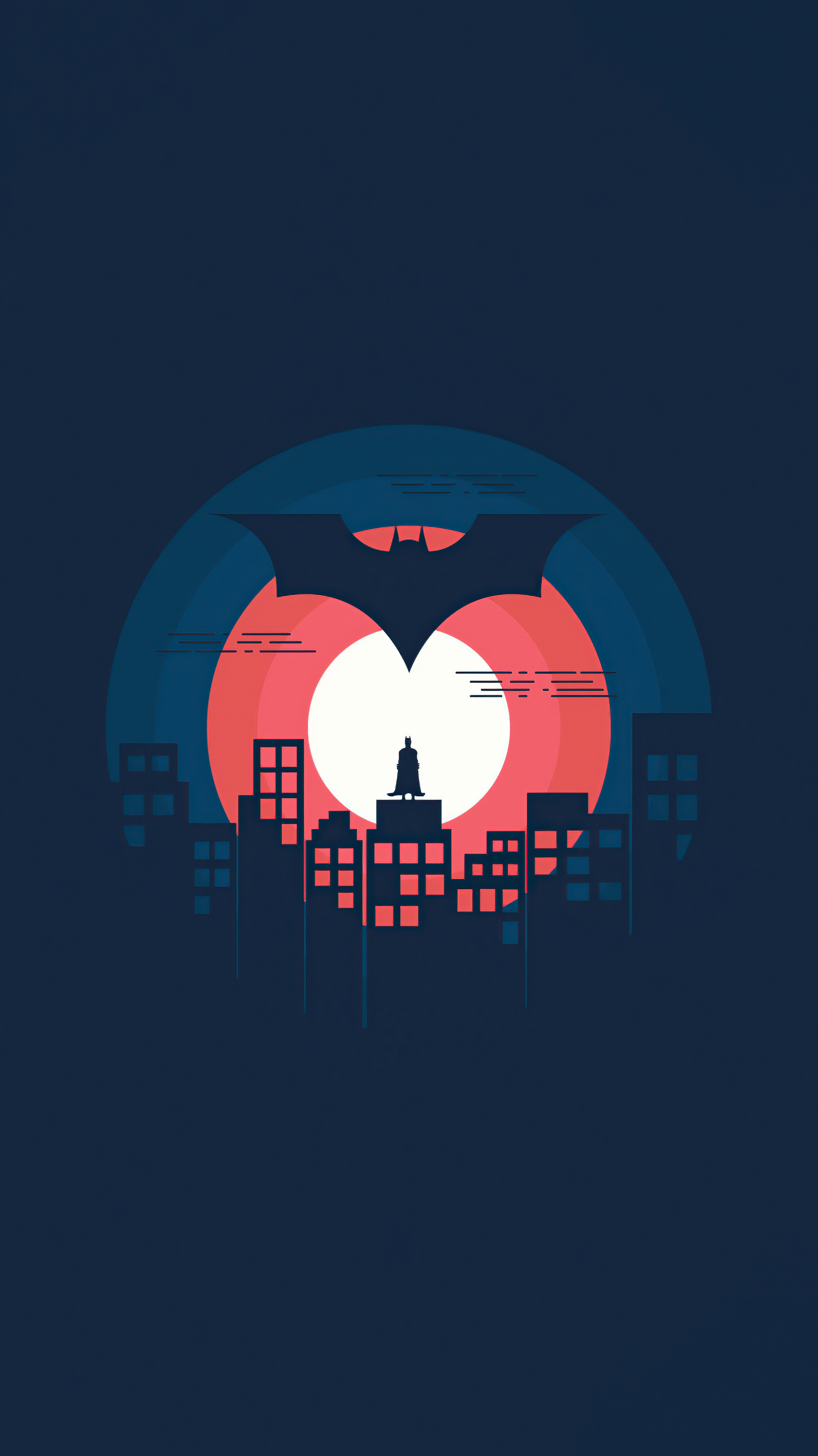 Batman silhouette in front of a circular sunset over a city HD Phone Wallpaper