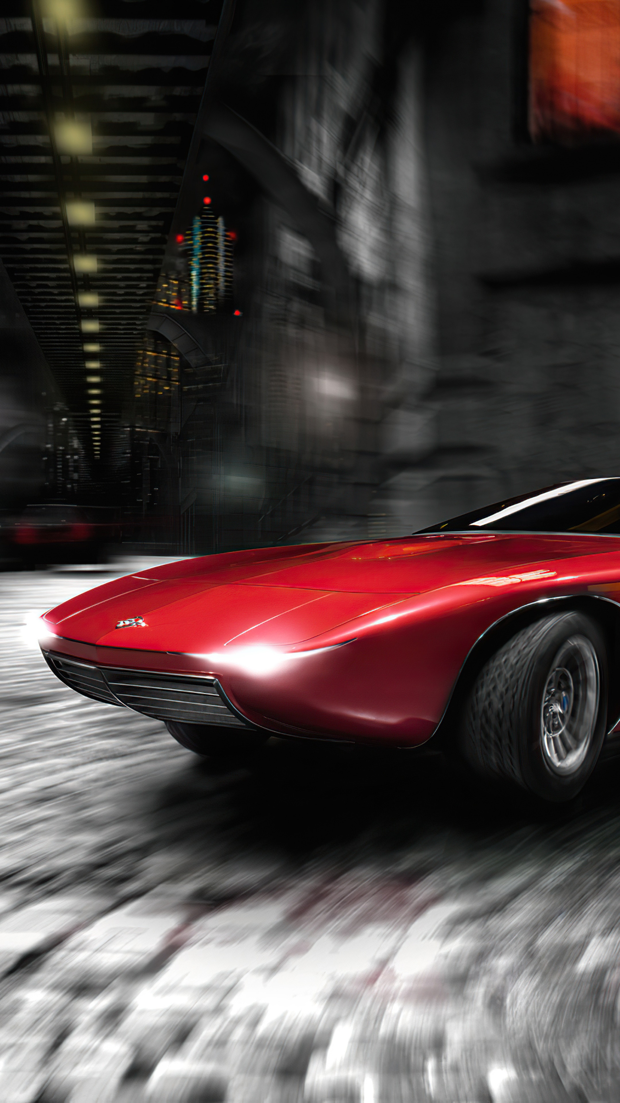 Red concept car driving through a blurry city at night HD Phone Wallpaper