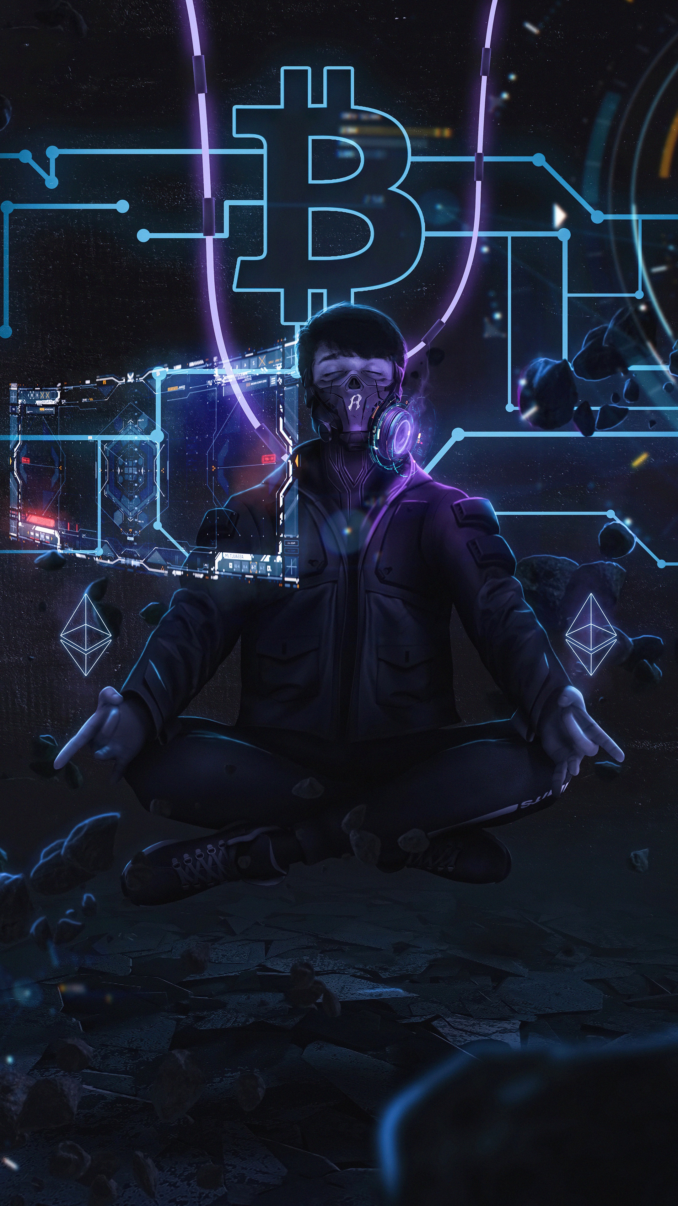 Man in mask meditating with Bitcoin and Ethereum symbols HD Phone Wallpaper