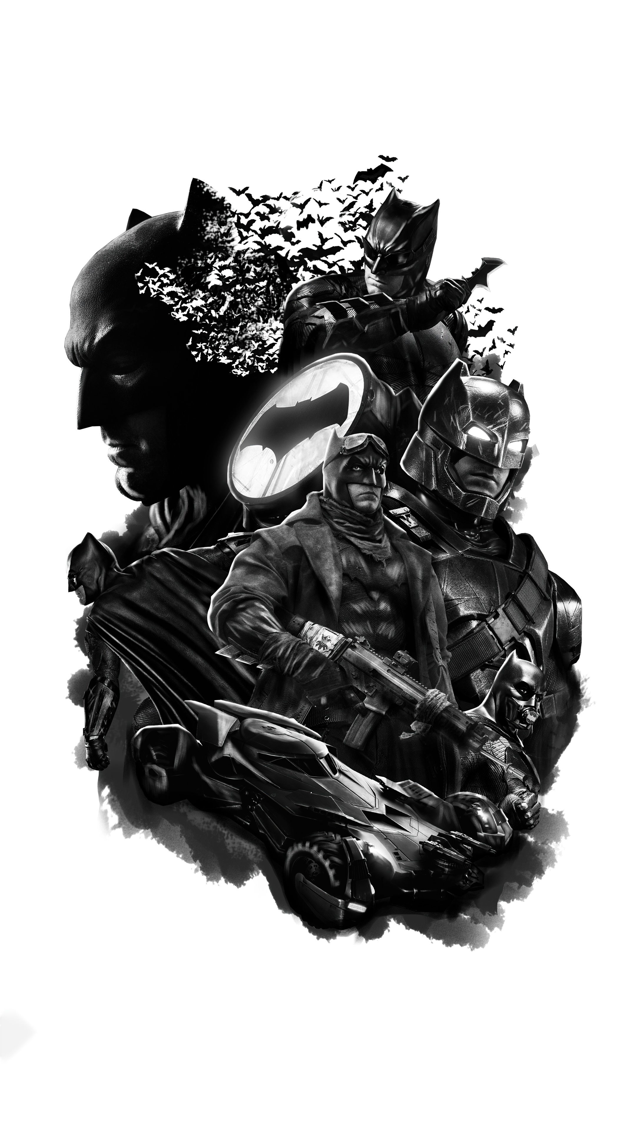 Collage of Batman characters and Batmobile HD Phone Wallpaper