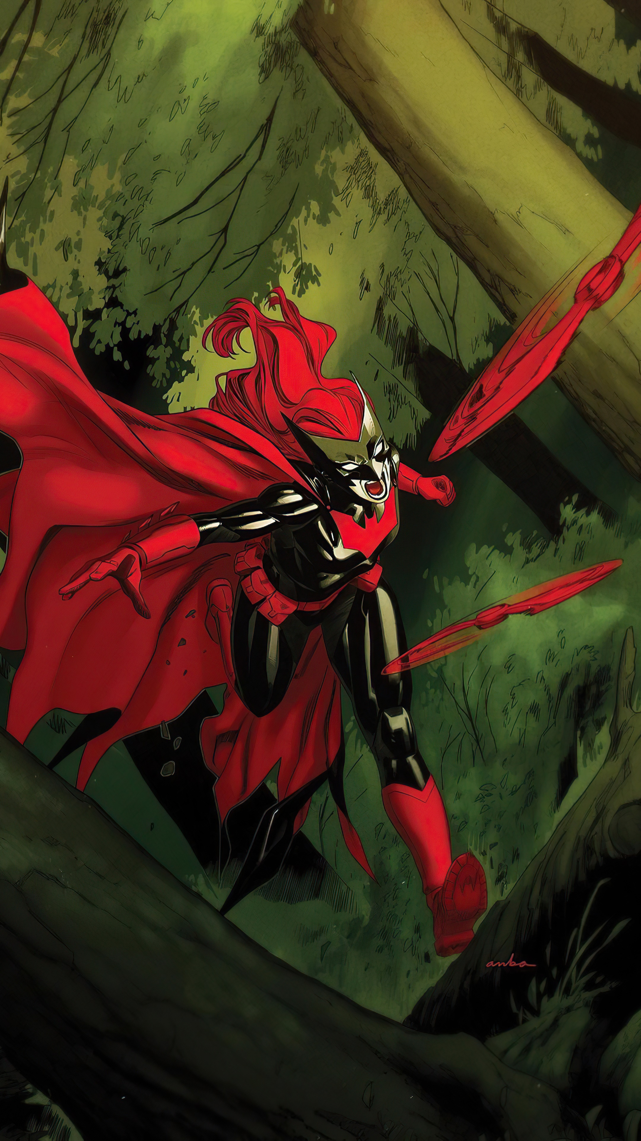 Batgirl in a forest with red cape HD Phone Wallpaper
