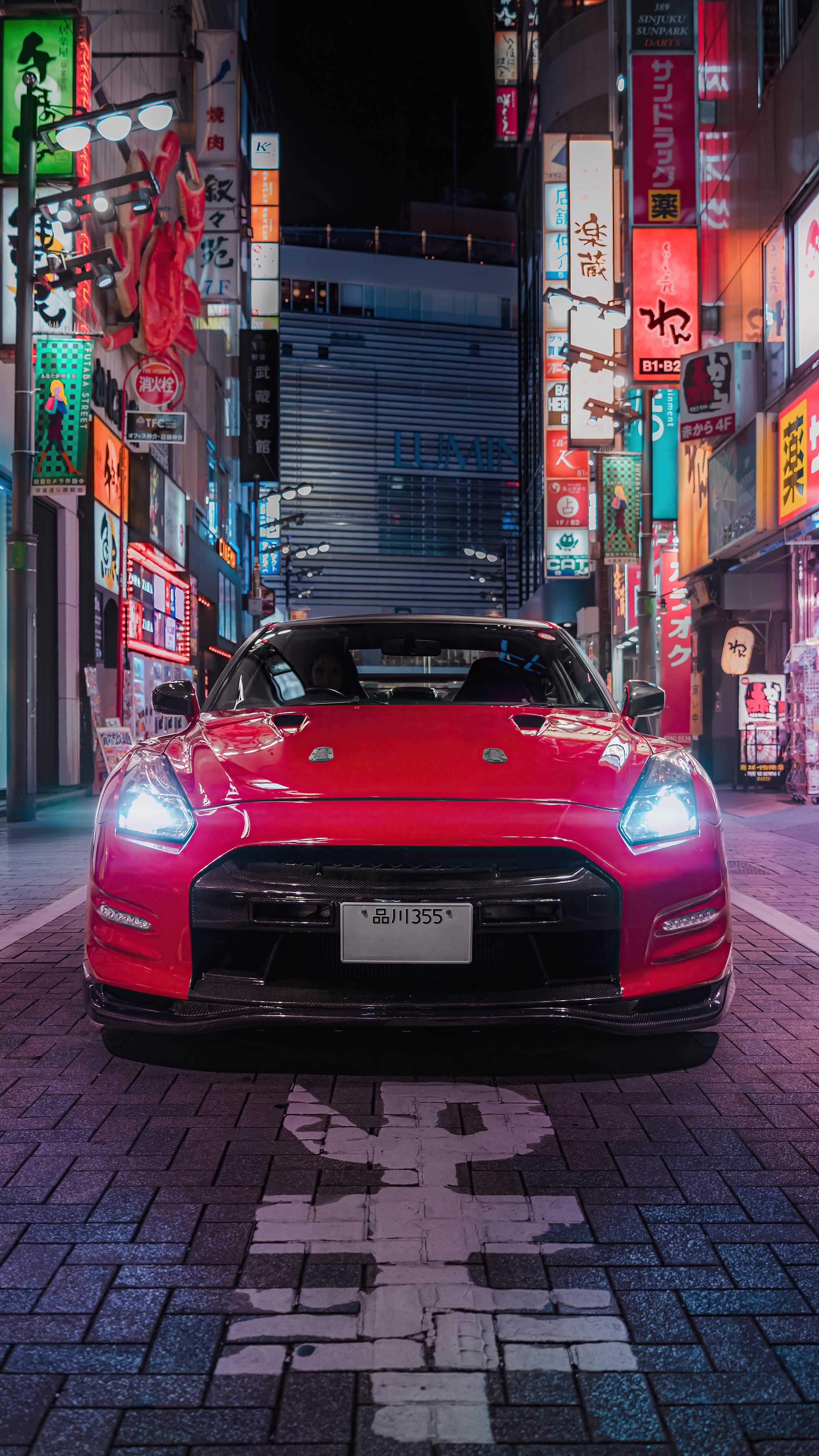 Red Nissan GT-R in a Japanese City at Night HD Phone Wallpaper