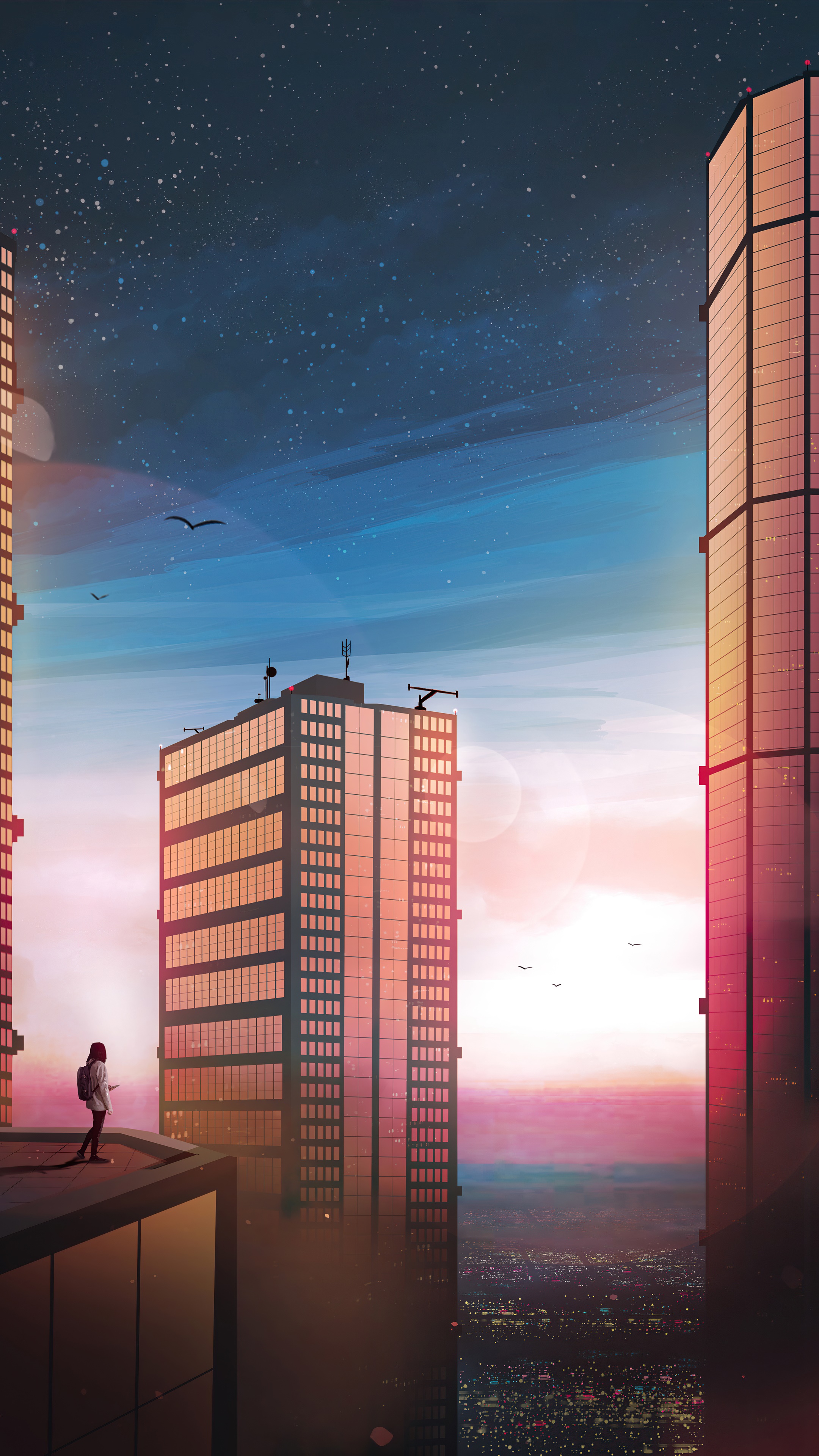 Person on rooftop overlooking city at night HD Phone Wallpaper
