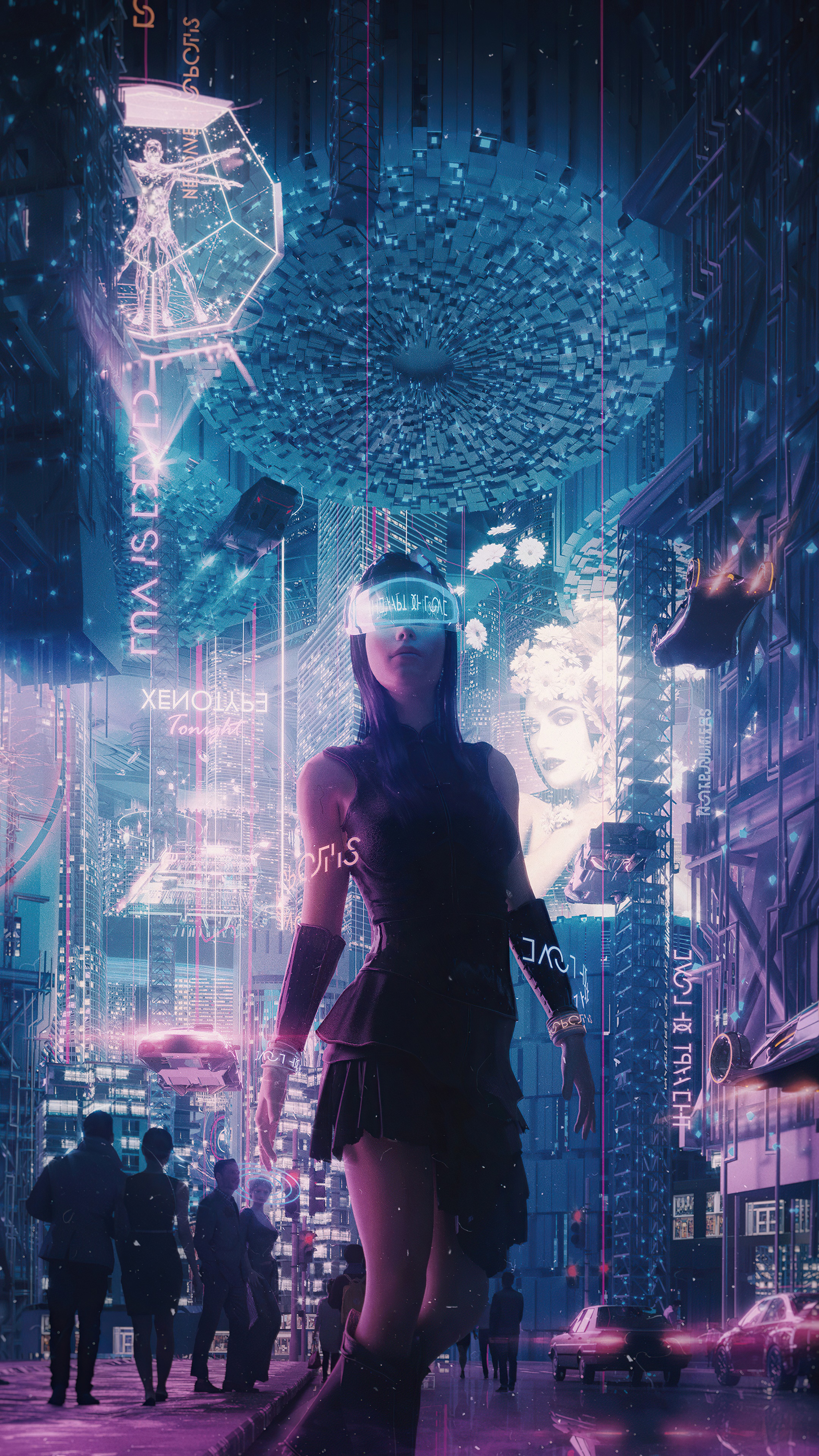 Cyberpunk city street with a woman in VR goggles HD Phone Wallpaper