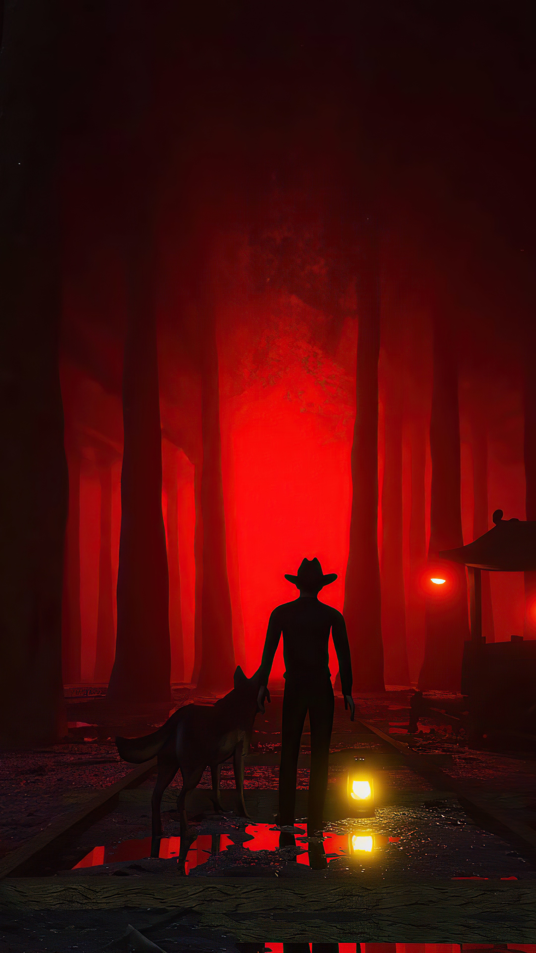 Cowboy and dog in a red forest HD Phone Wallpaper