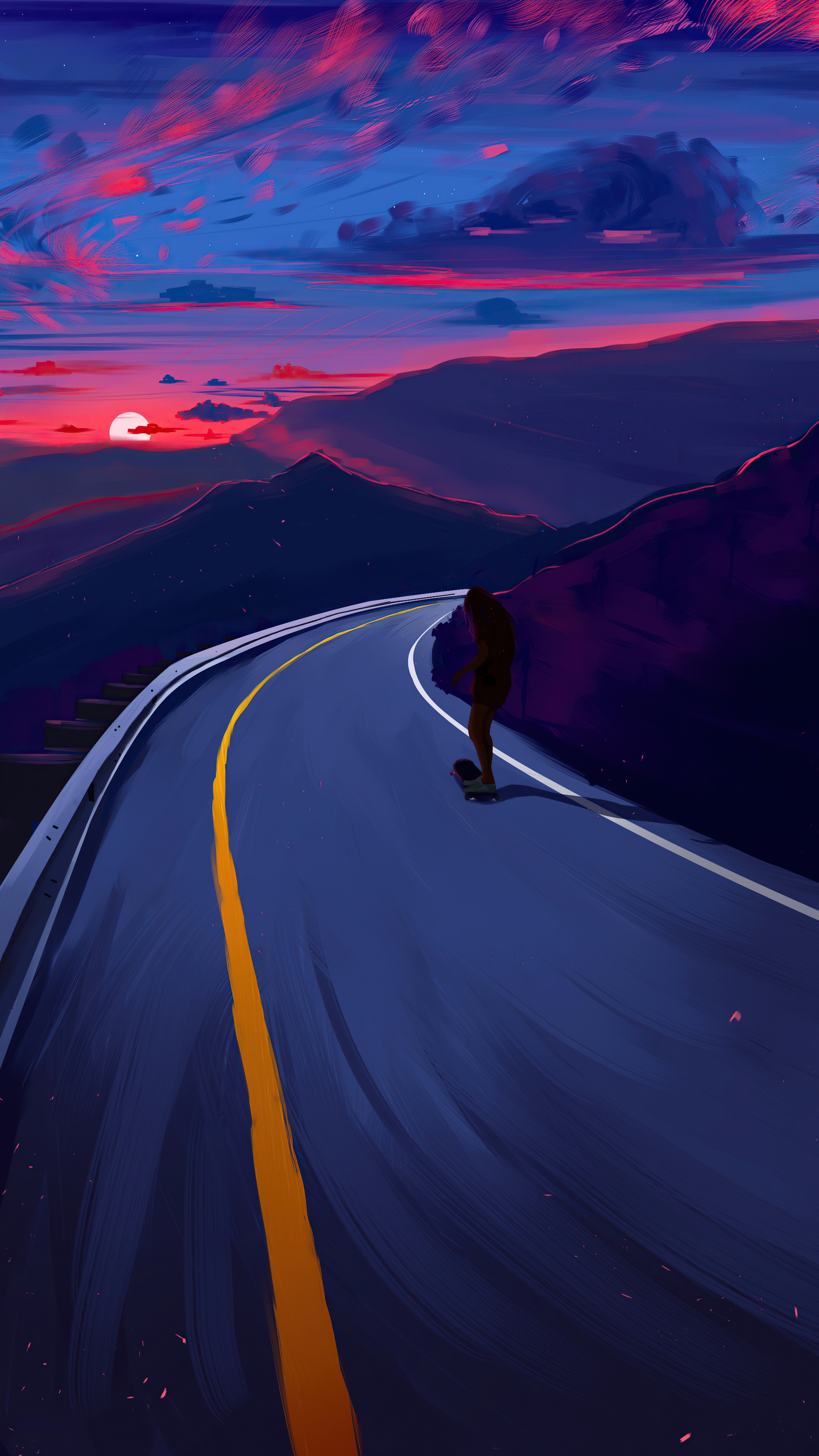 Skater on a mountain road at sunset HD Phone Wallpaper