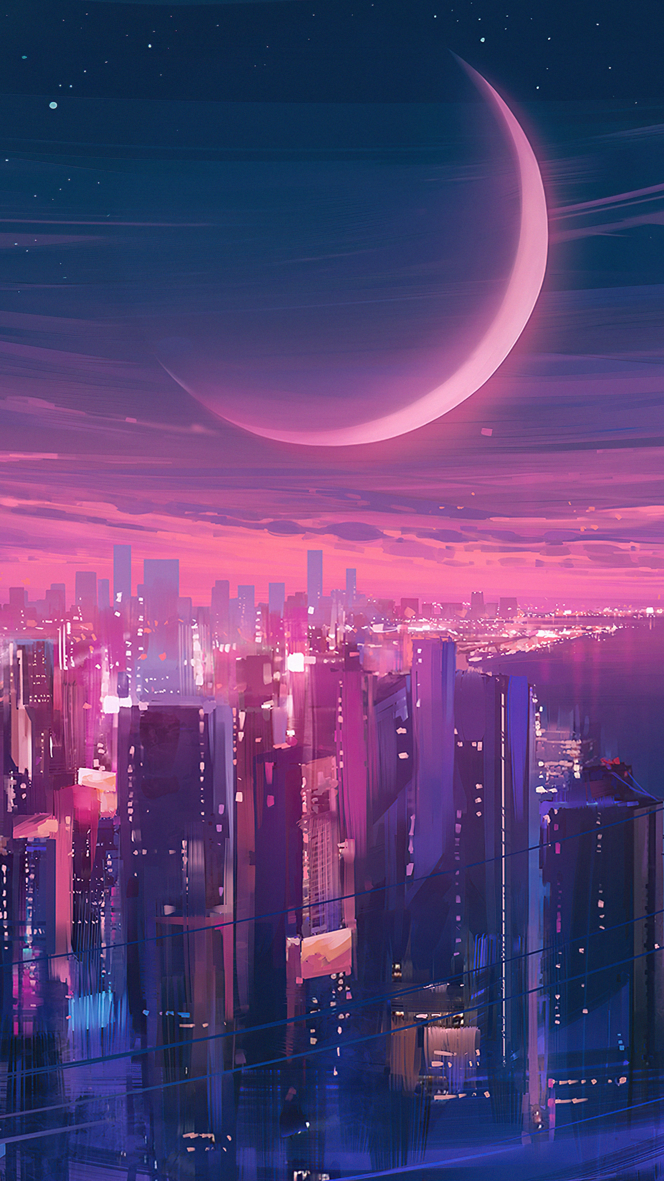Synthwave artwork of a crescent moon over a neon city HD Phone Wallpaper