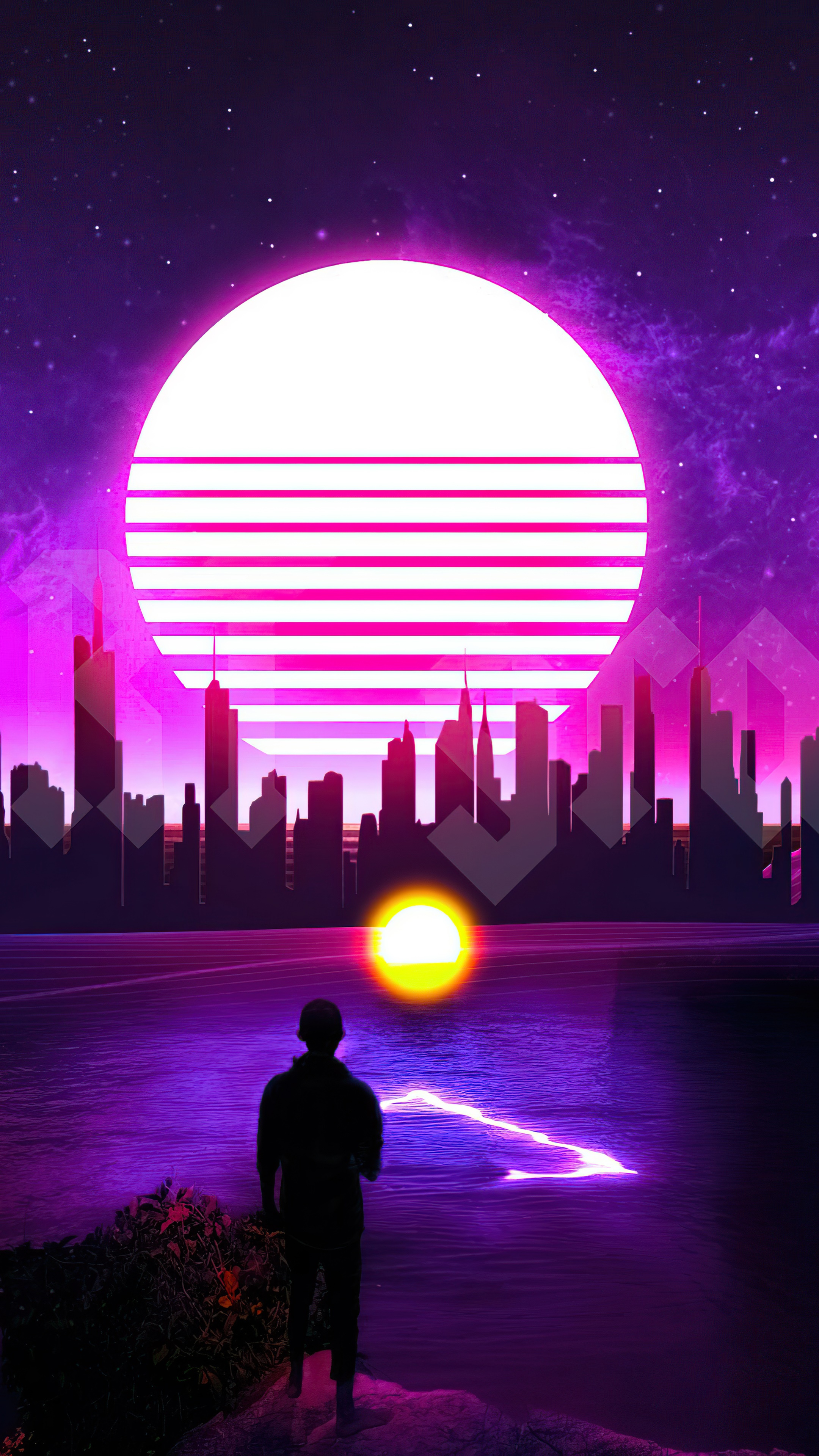 Retrowave artwork with city skyline and sun HD Phone Wallpaper