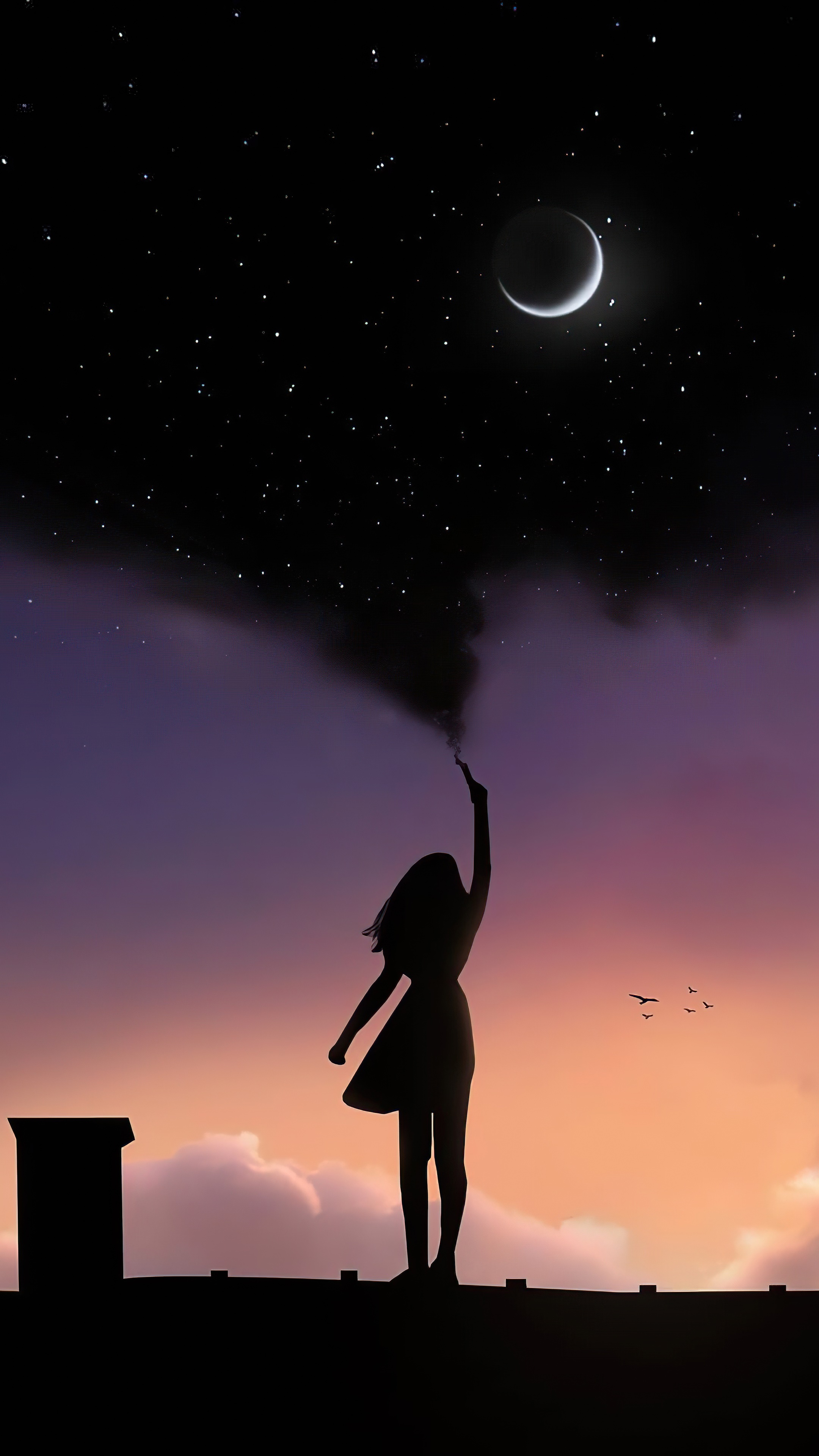 Girl on a rooftop releasing smoke into the night sky HD Phone Wallpaper