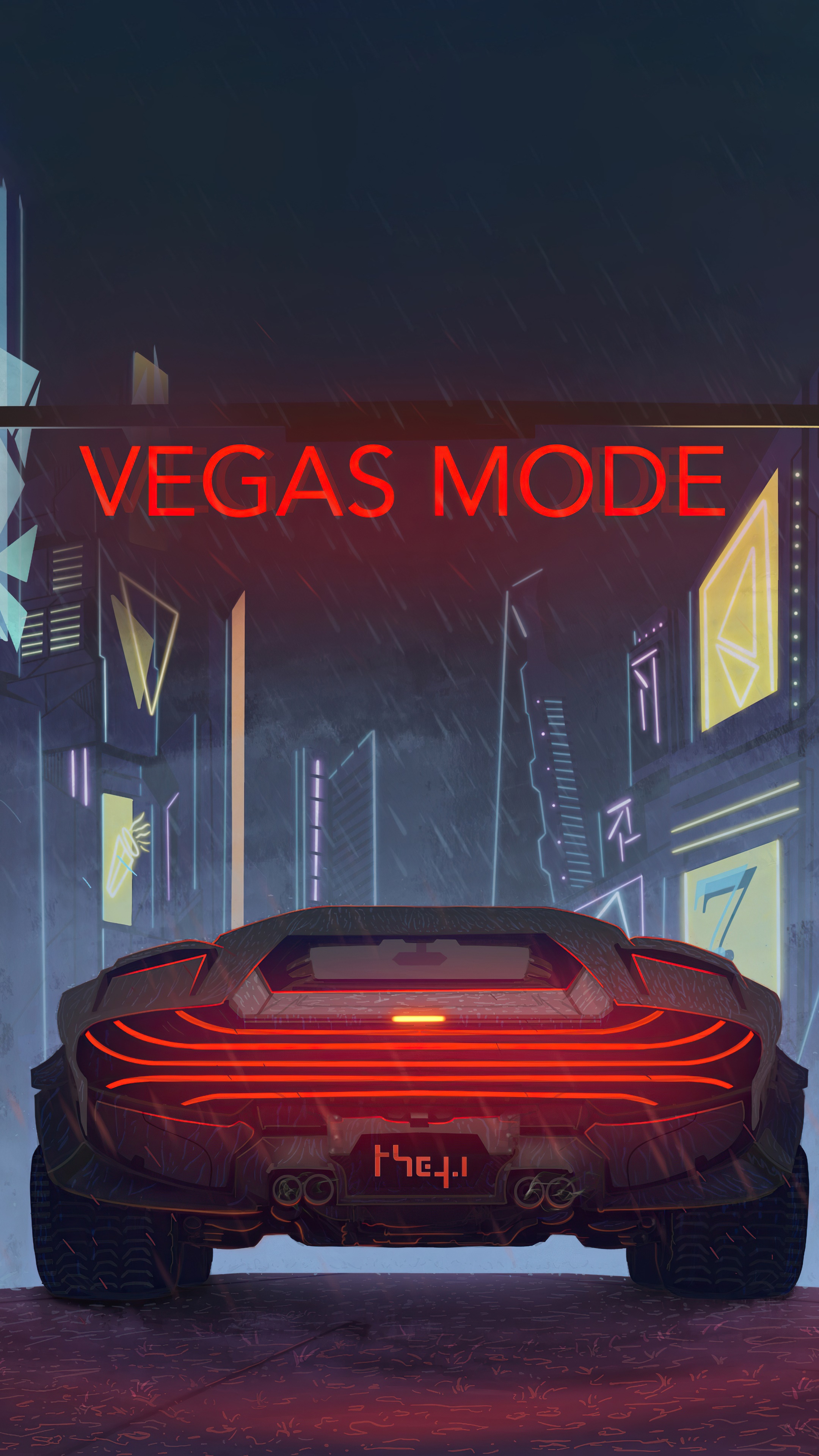 Cyberpunk 2077 artwork with car and neon signs HD Phone Wallpaper