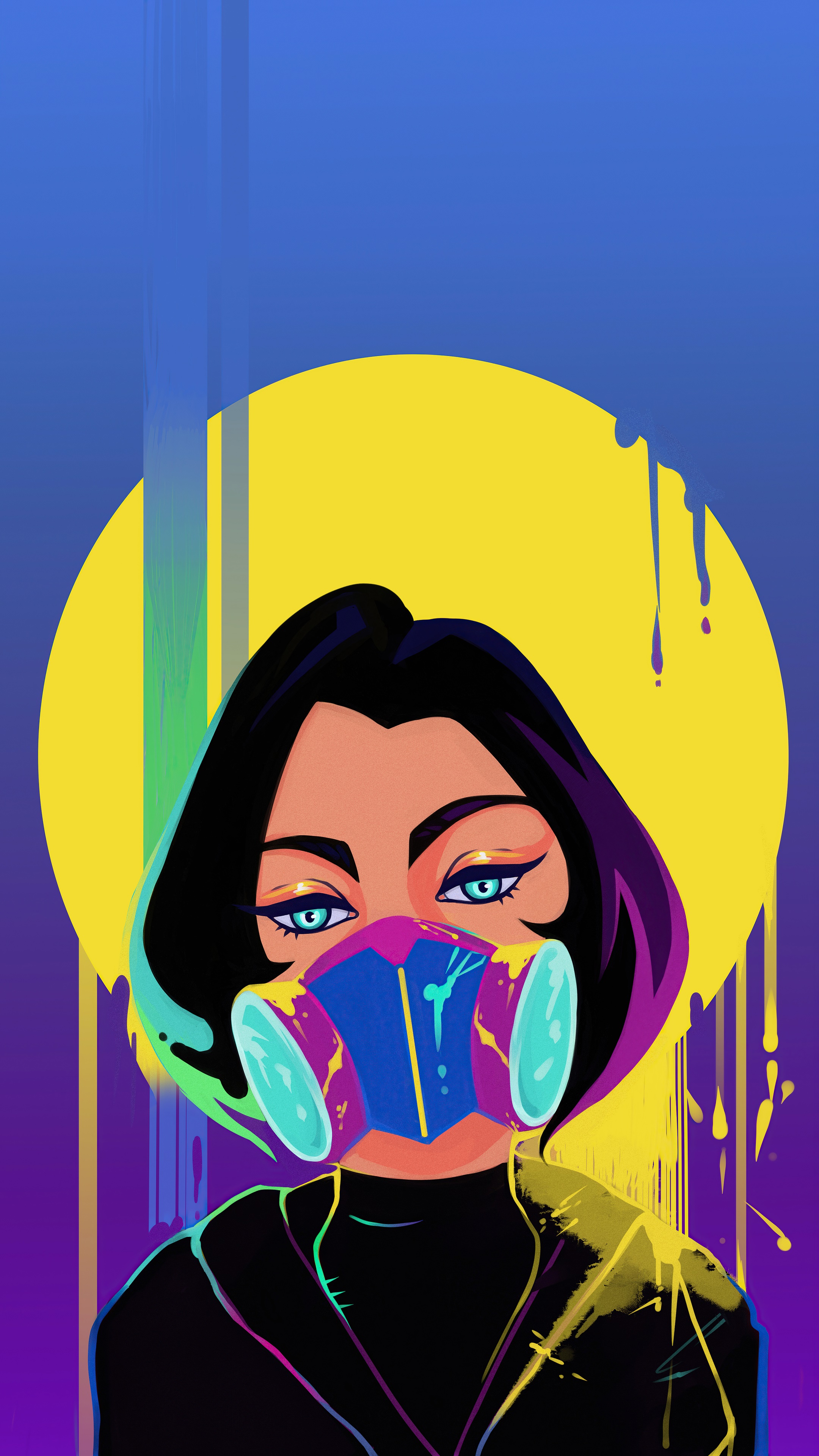 Woman wearing a gas mask with a yellow circle background HD Phone Wallpaper