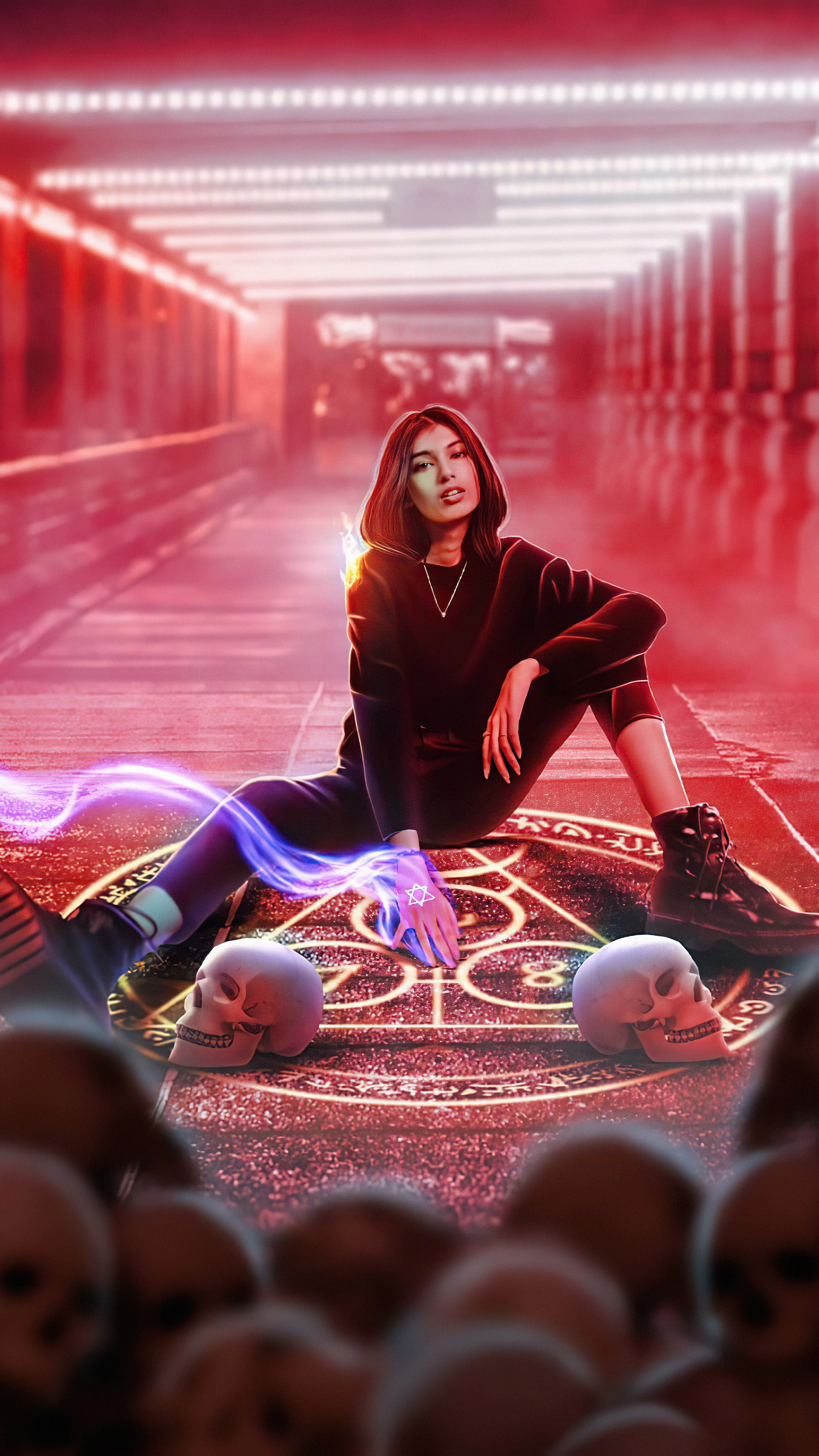 Woman in hoodie sitting on occult circle with skulls HD Phone Wallpaper