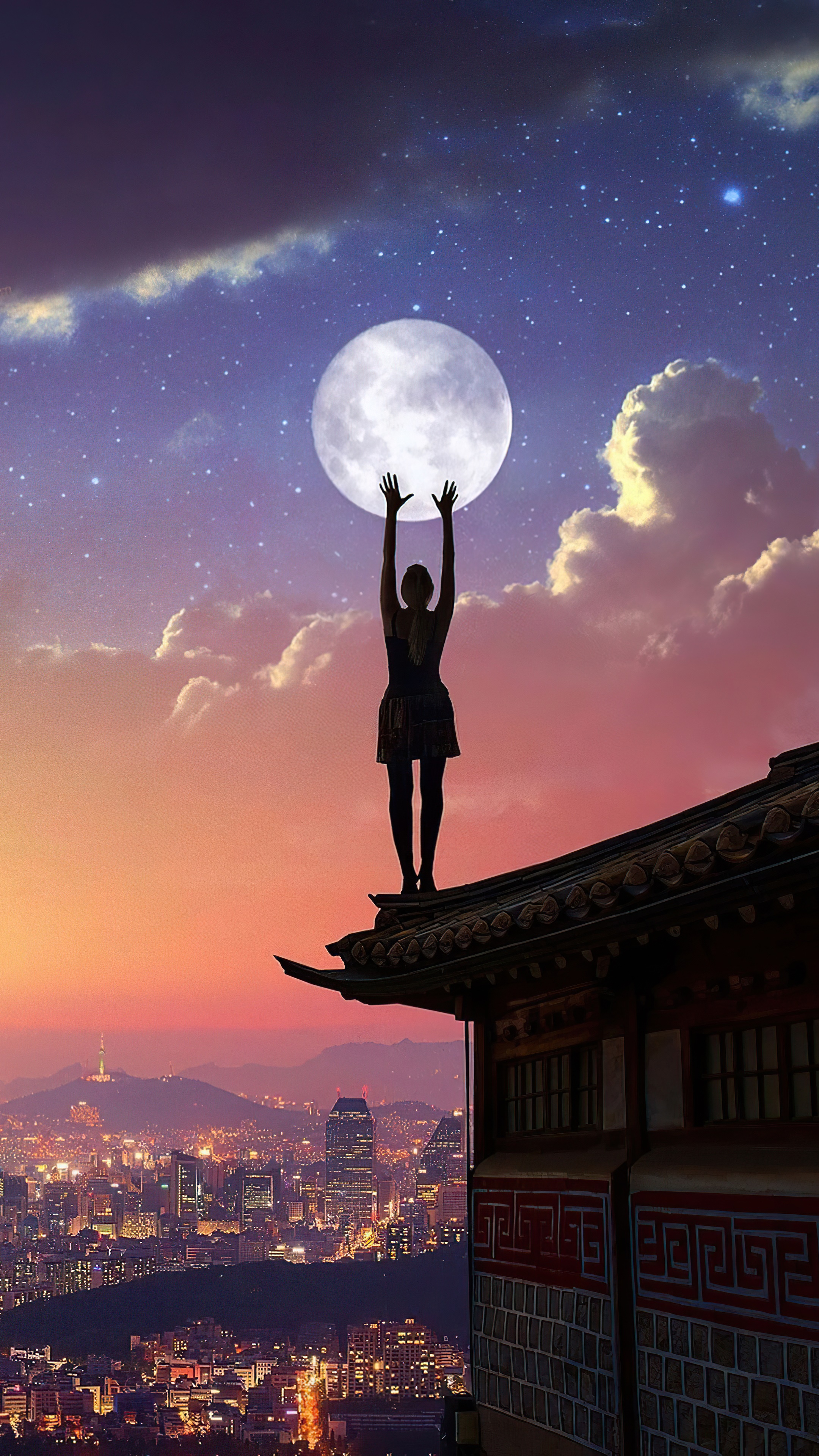 Woman reaching for the moon above a city HD Phone Wallpaper