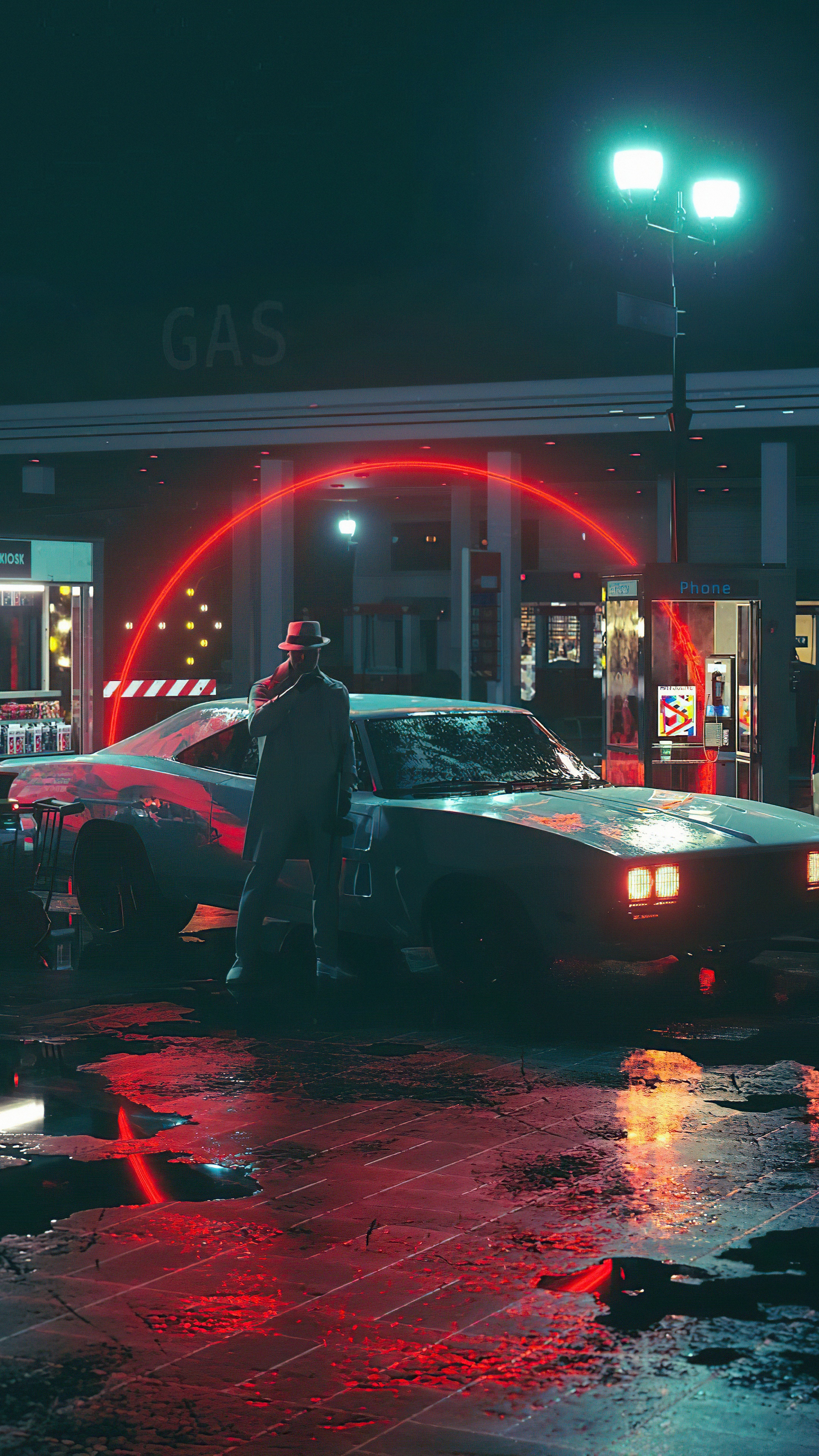 Man in hat by vintage car at gas station 4K HD Phone Wallpaper