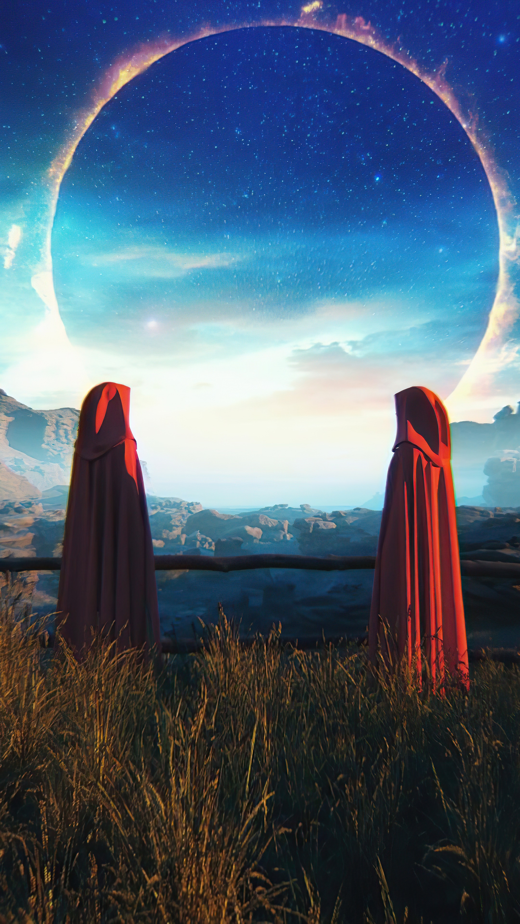 Two figures in red cloaks observe a celestial event HD Phone Wallpaper