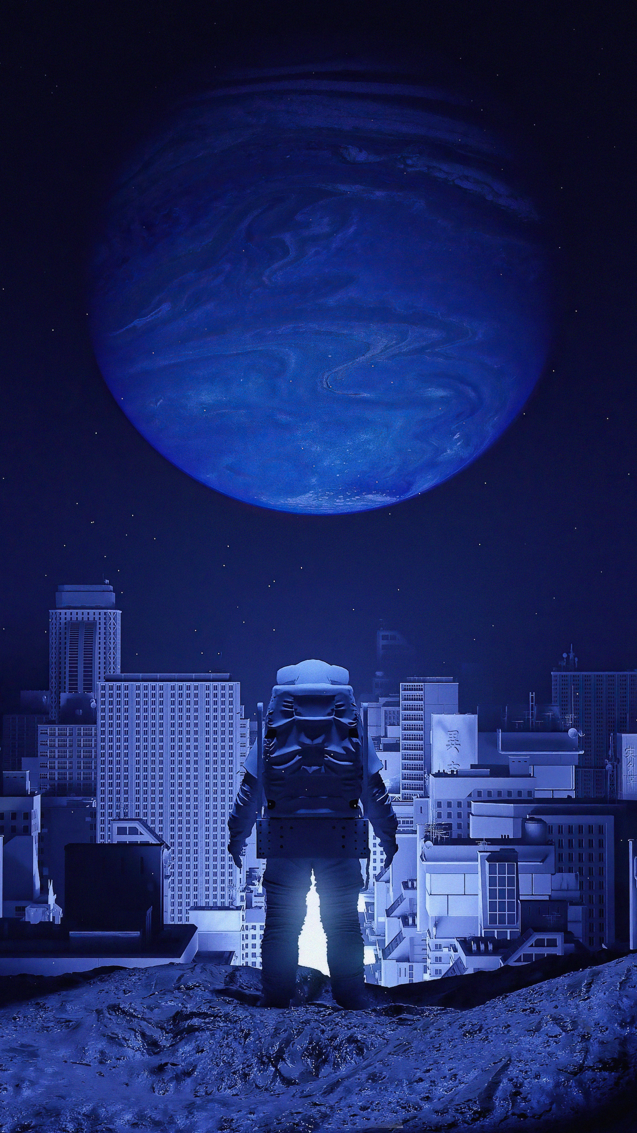 Astronaut overlooking a futuristic city with a large blue planet above HD Phone Wallpaper