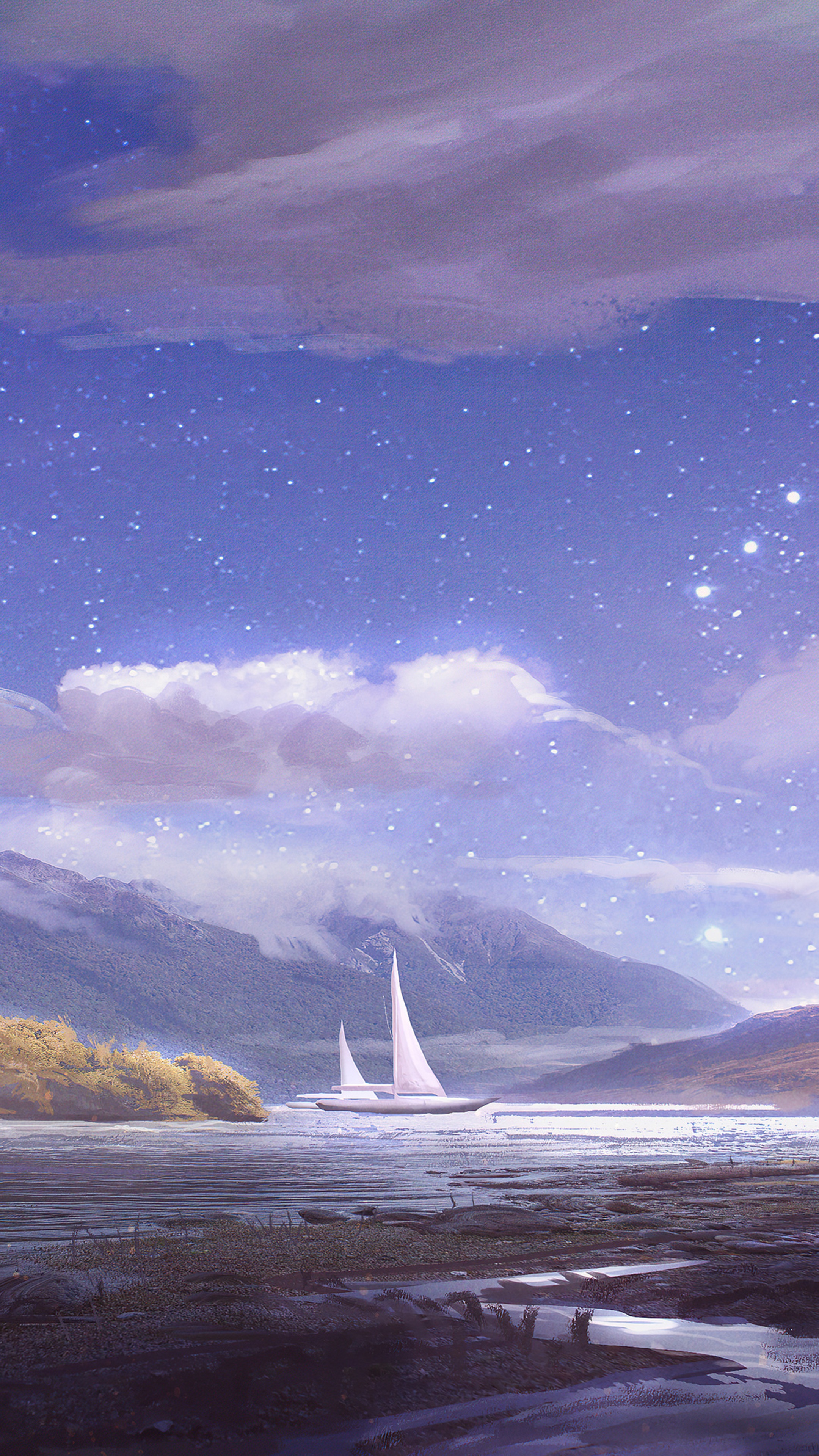 Sailboat on a lake under a starry sky HD Phone Wallpaper