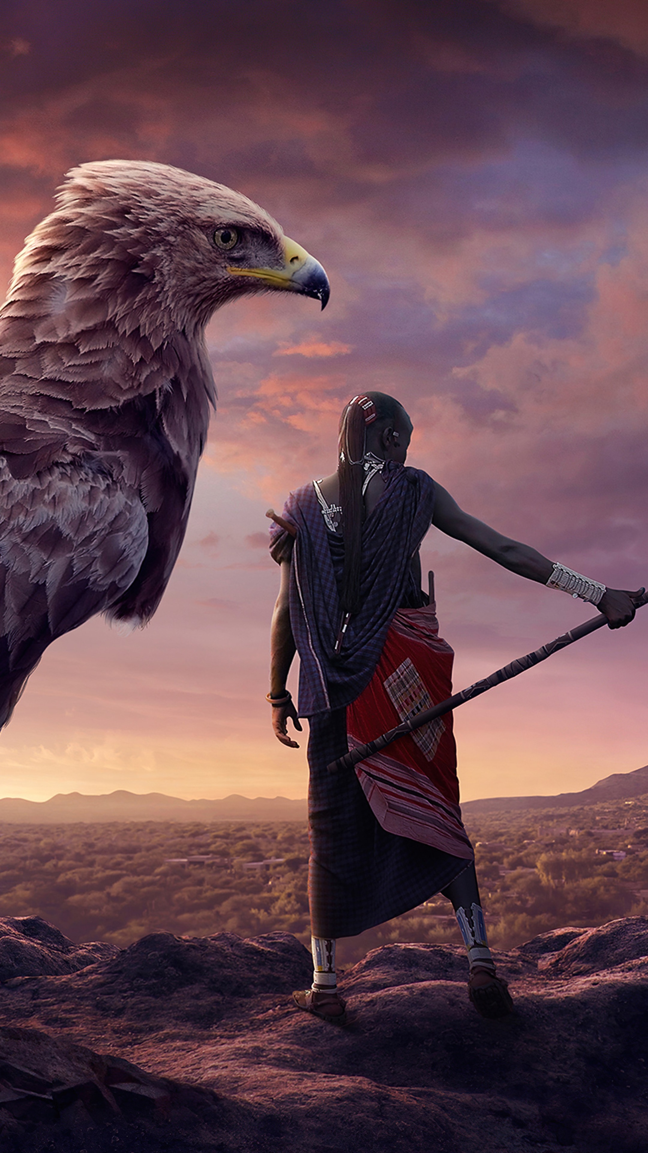 Eagle and Maasai warrior at sunset, digital art HD Phone Wallpaper