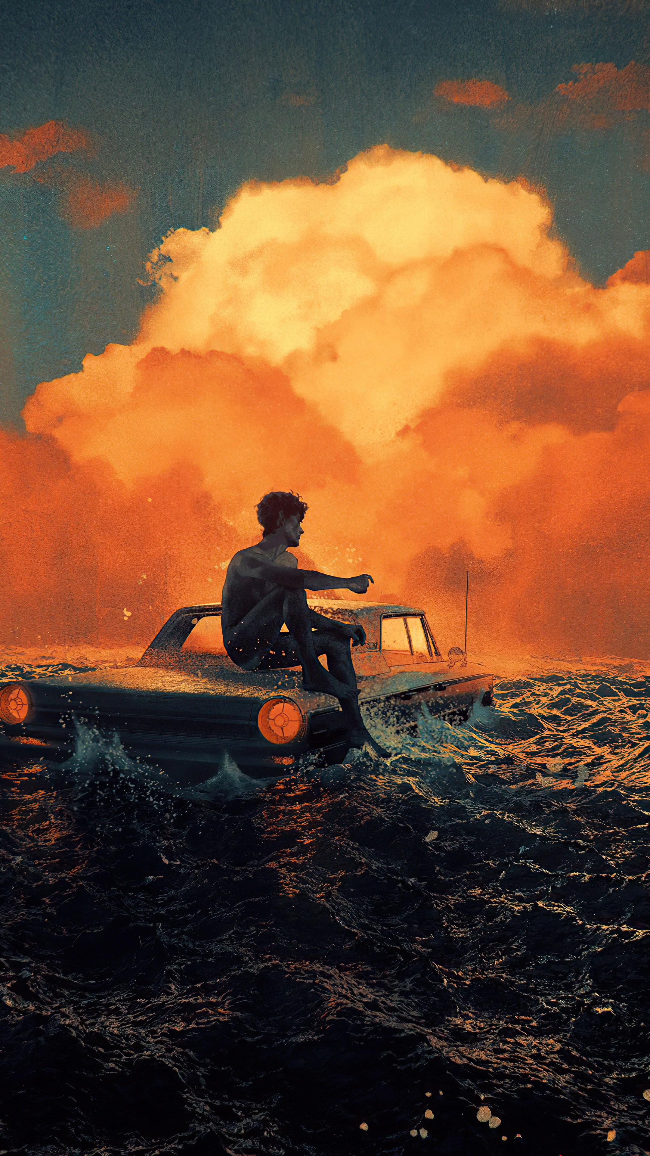 Man sitting on a car in the ocean with orange clouds HD Phone Wallpaper