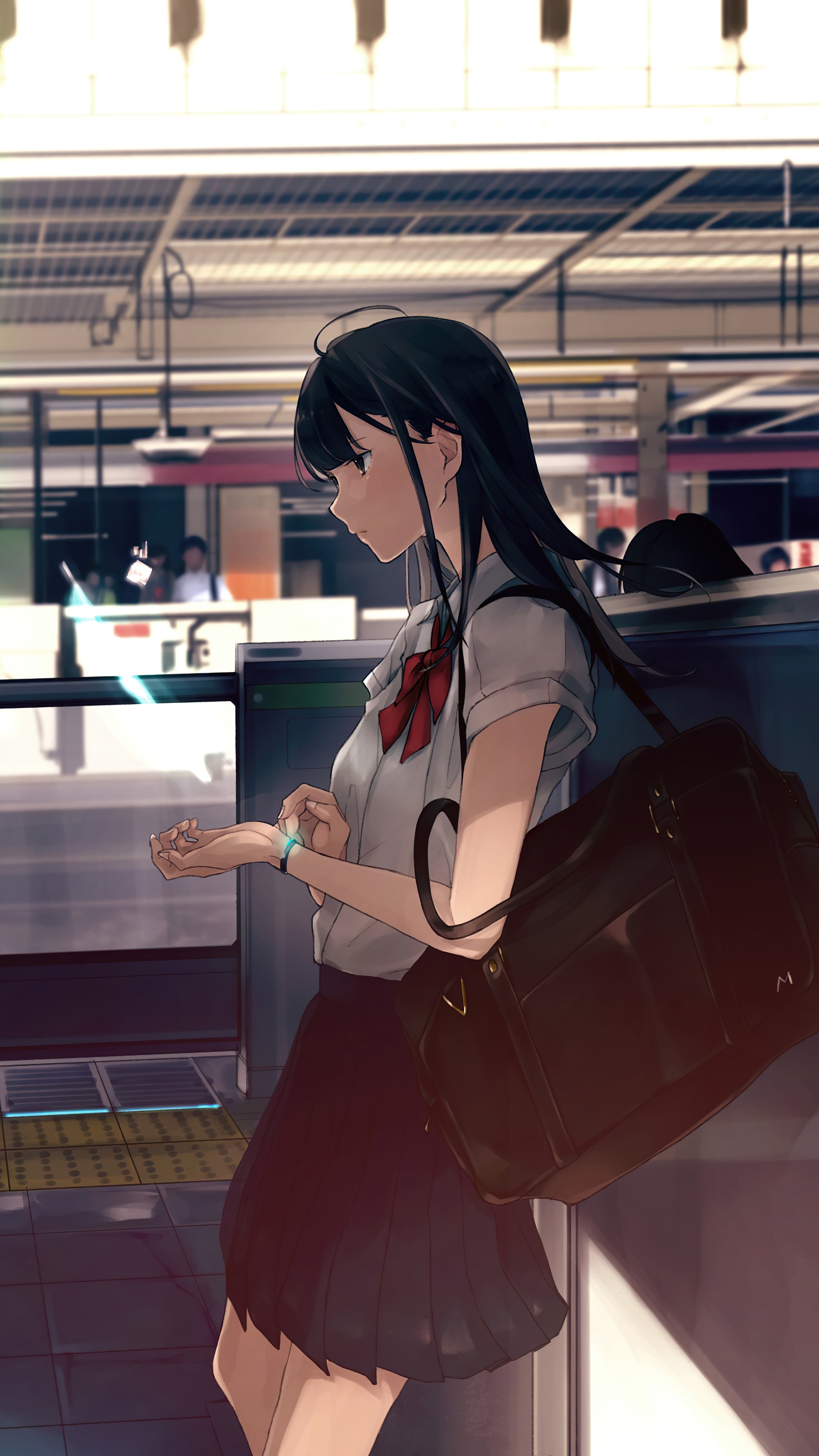 Anime girl in school uniform at train station HD Phone Wallpaper