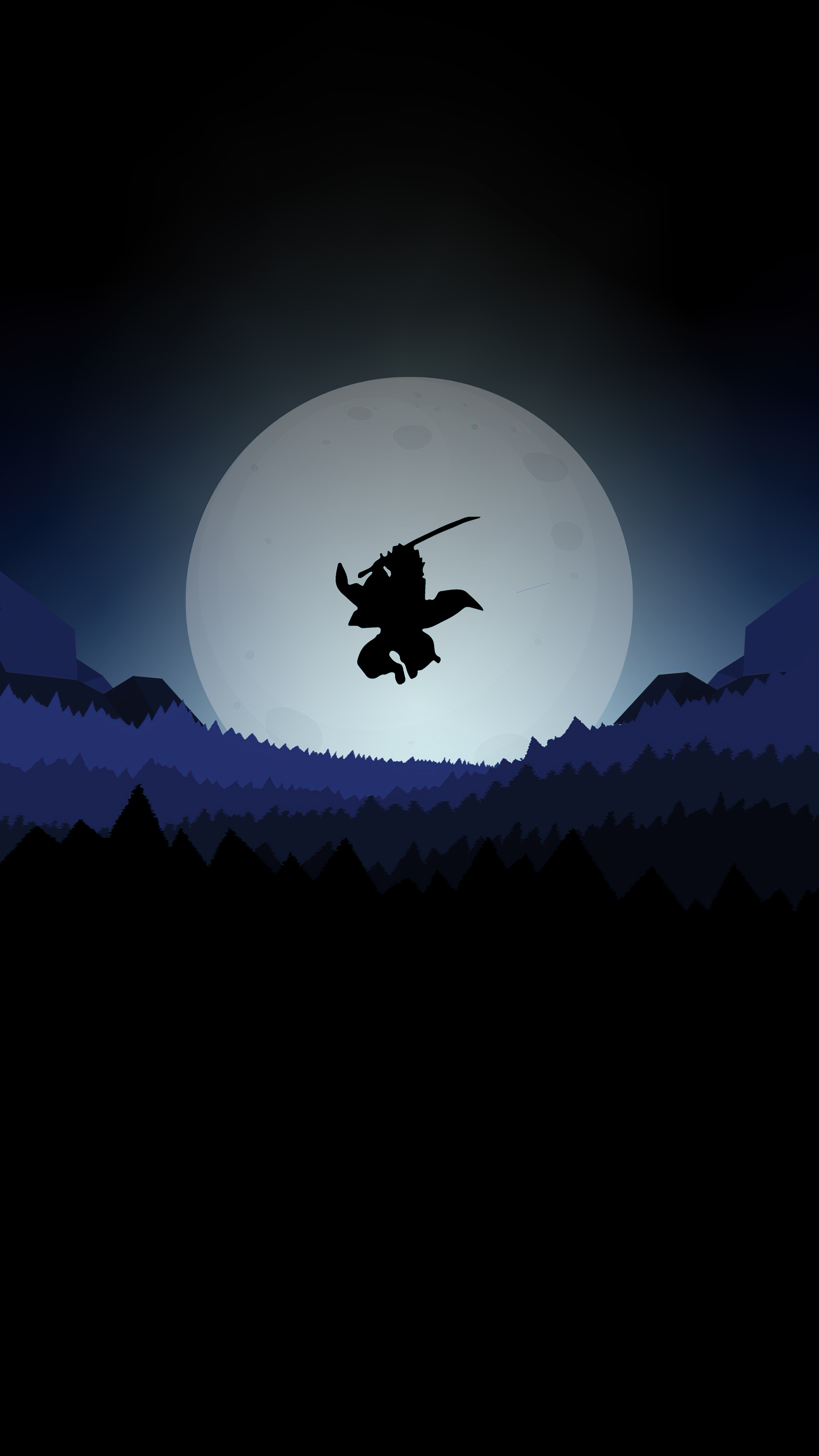Silhouette of a swordsman jumping in front of a large moon HD Phone Wallpaper