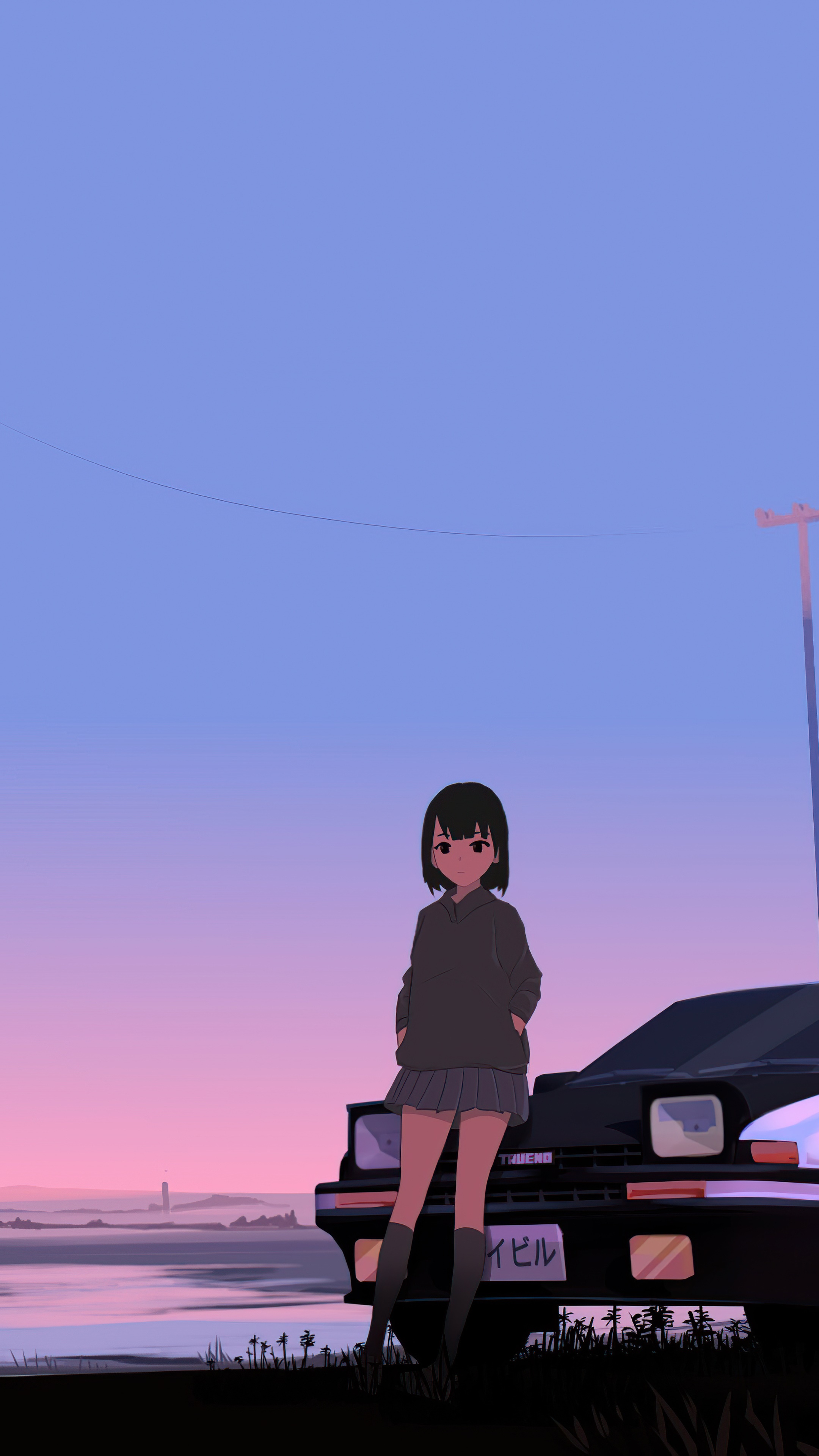 Anime girl leaning on a car at sunset HD Phone Wallpaper