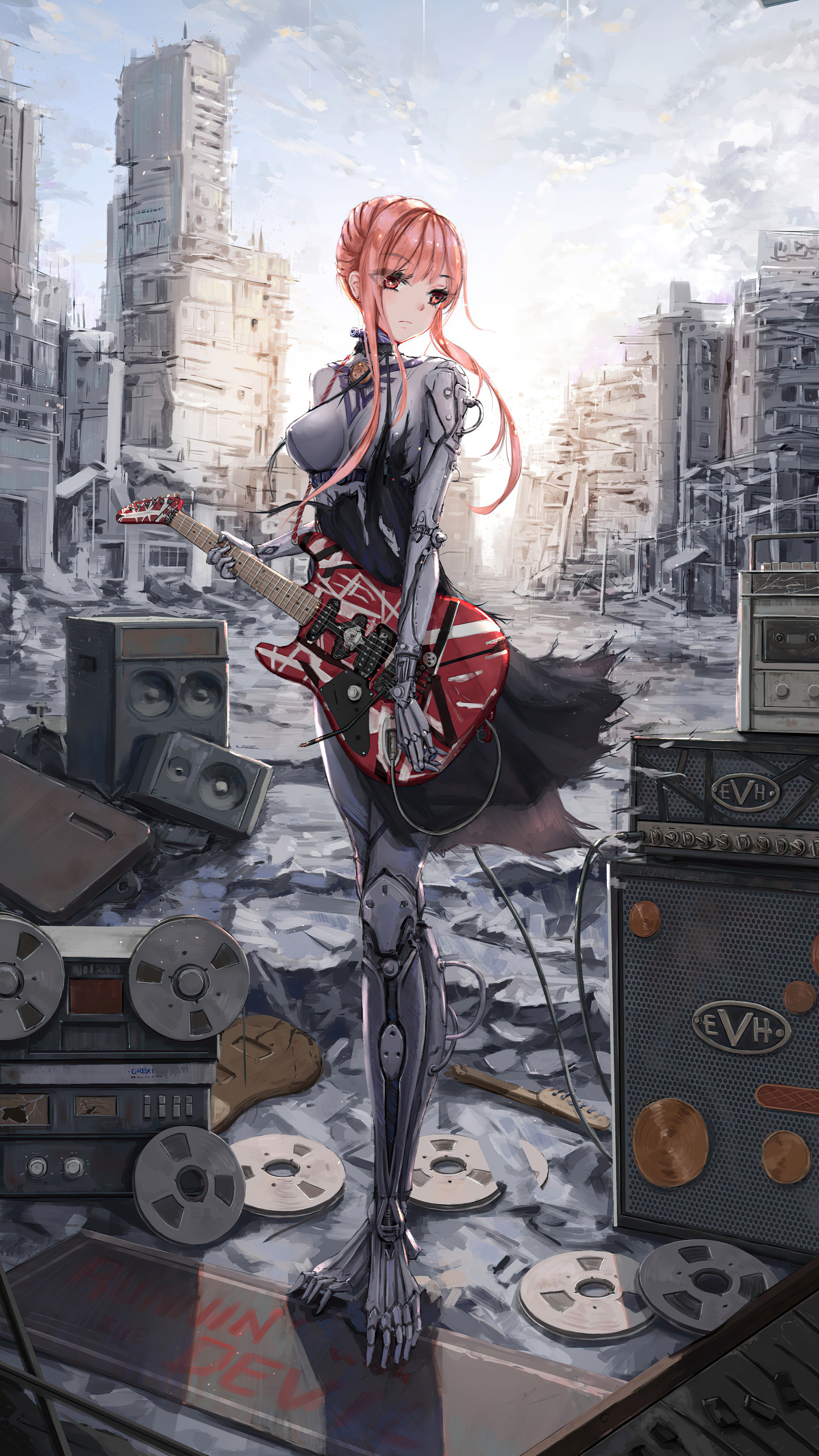 Anime girl with pink hair and robot legs holding a guitar HD Phone Wallpaper
