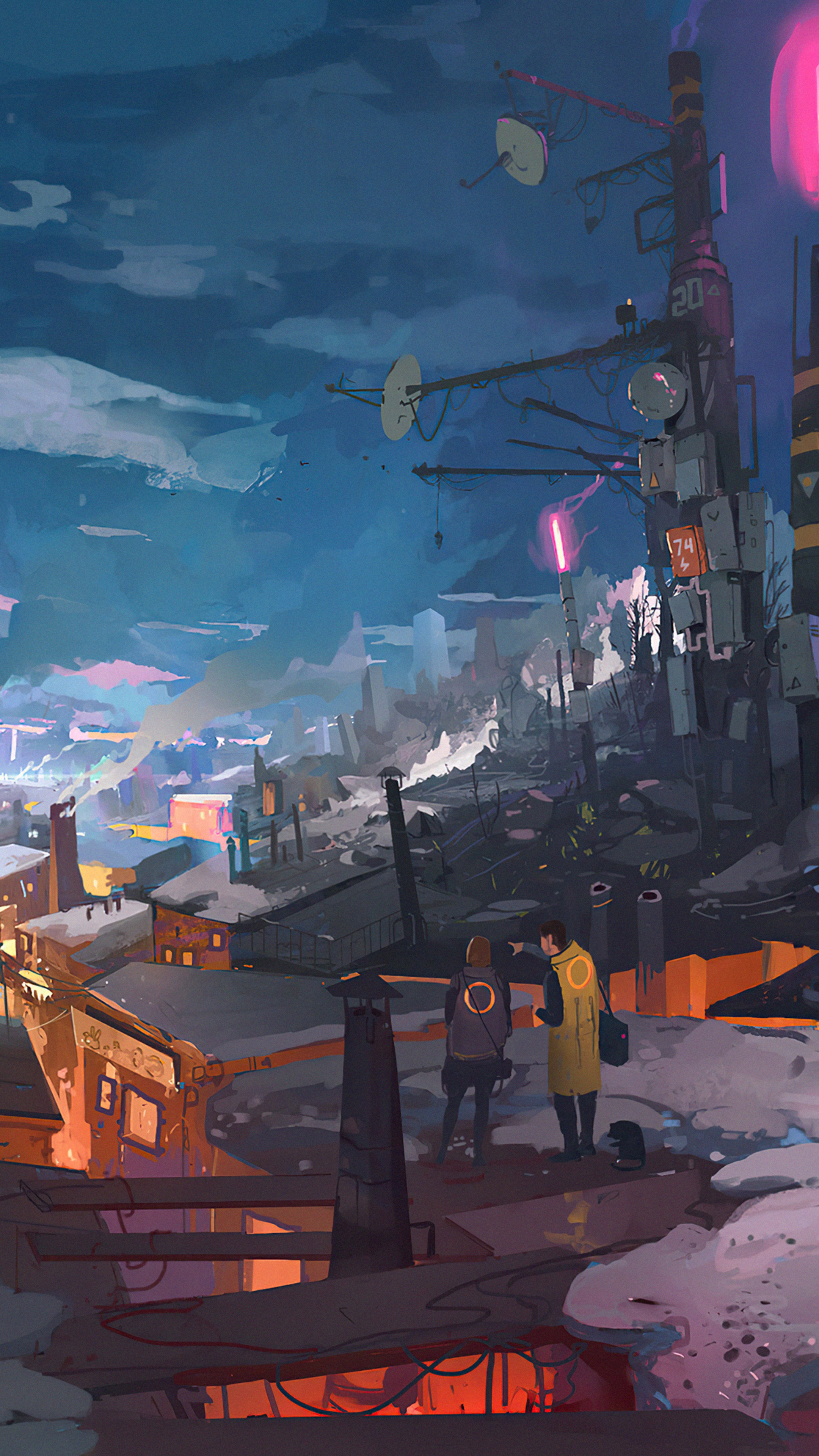 Two people on a rooftop overlooking a futuristic city at dusk HD Phone Wallpaper