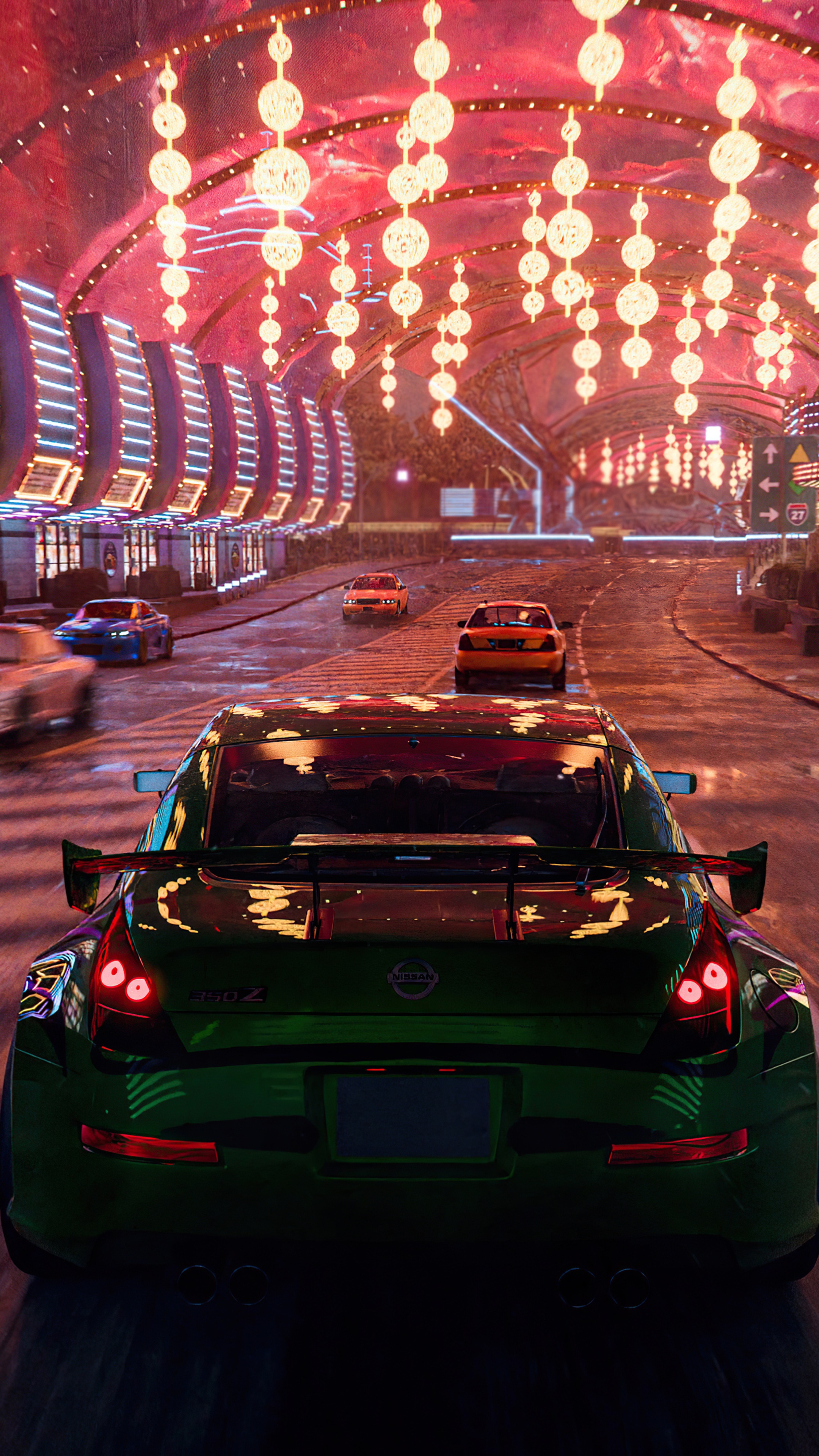 Nissan 350Z driving through a neon-lit tunnel HD Phone Wallpaper