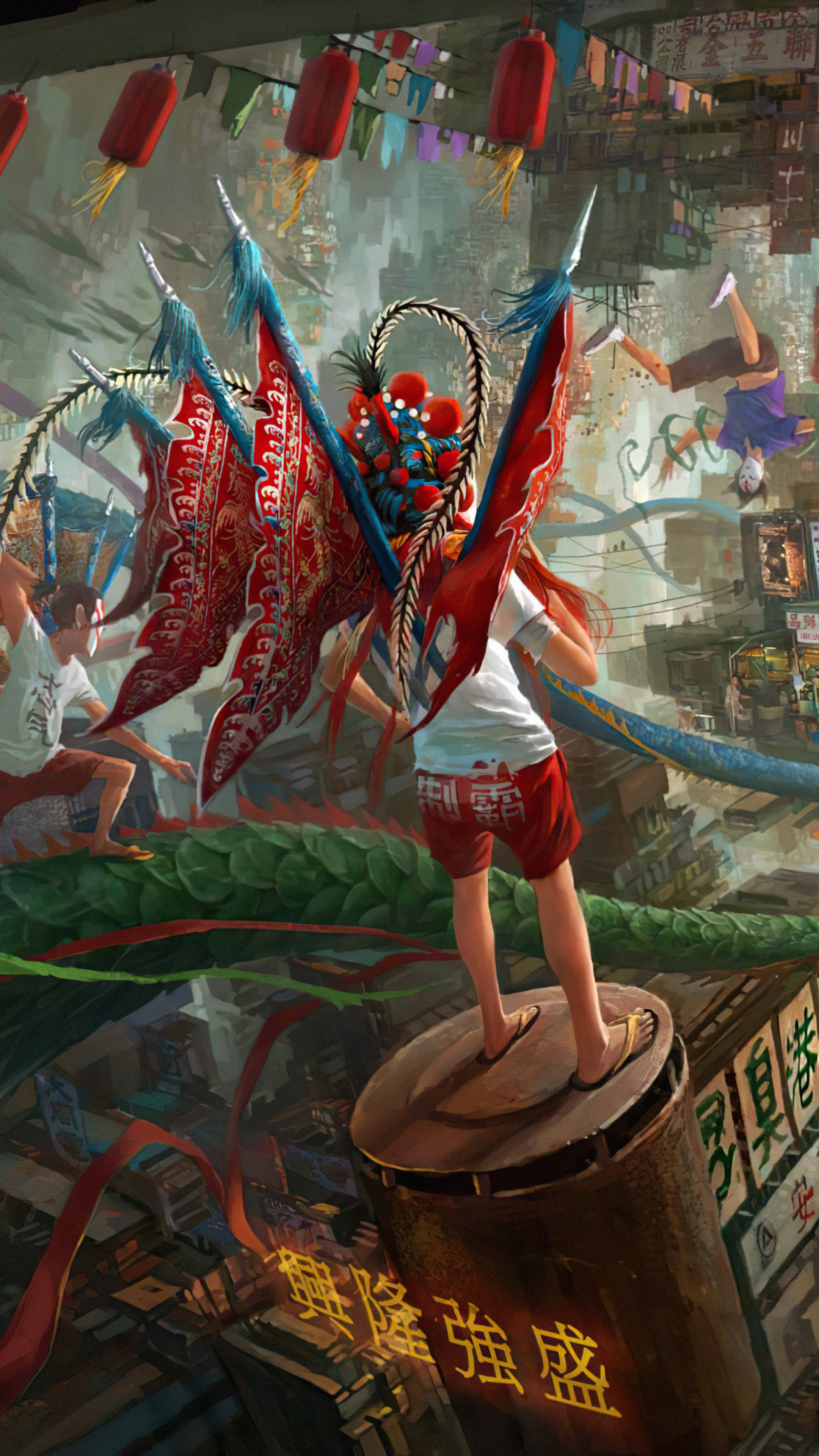 Digital Art of a Festival with Figures and Flags HD Phone Wallpaper