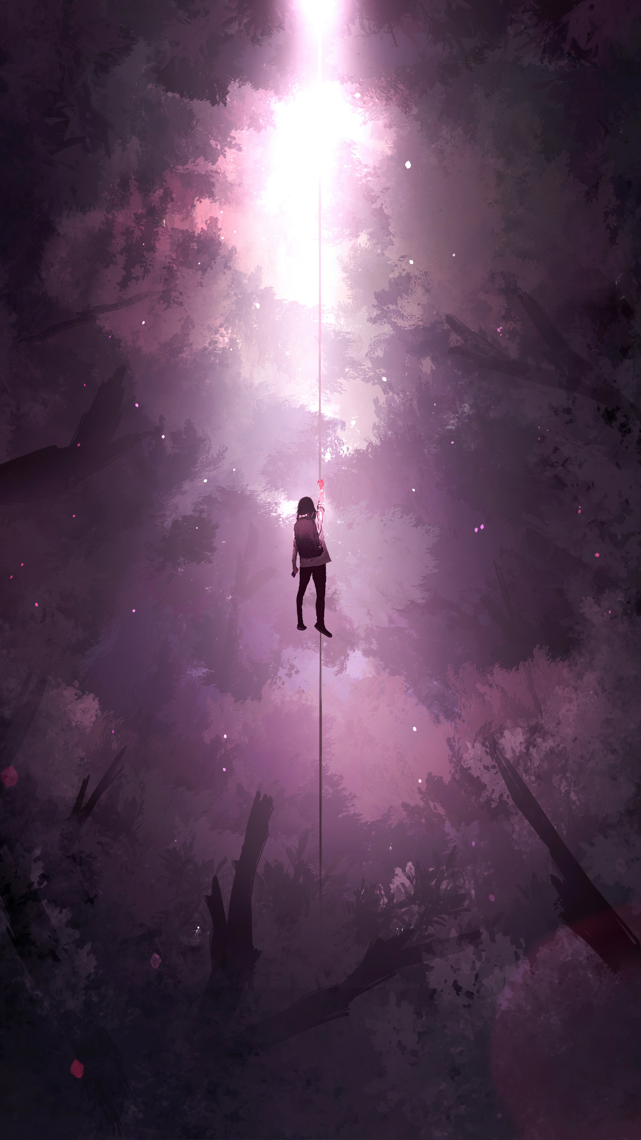 Person on a tightrope in a forest with light beam HD Phone Wallpaper