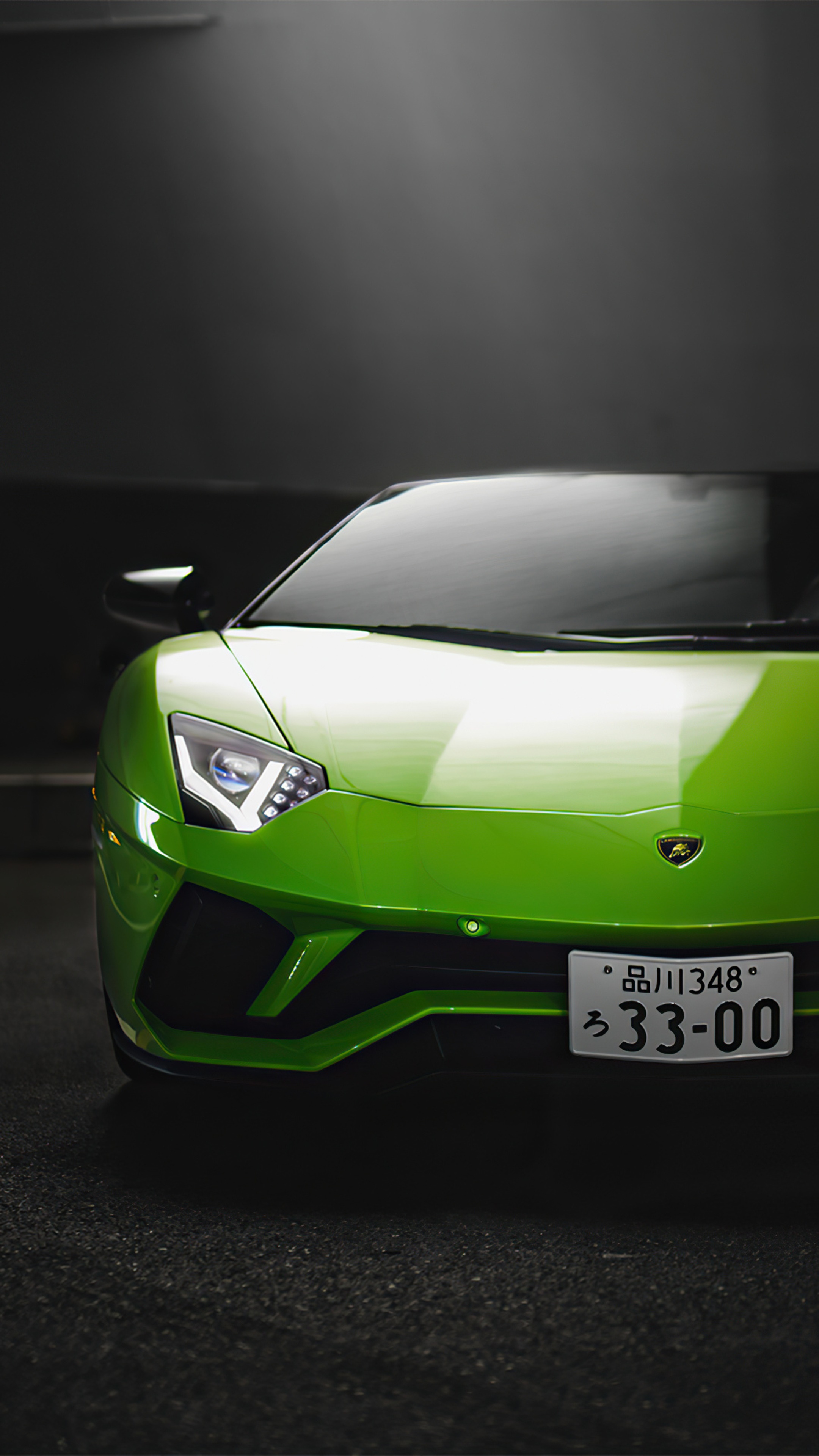 Green Lamborghini Aventador with Japanese License Plate HD Phone Wallpaper