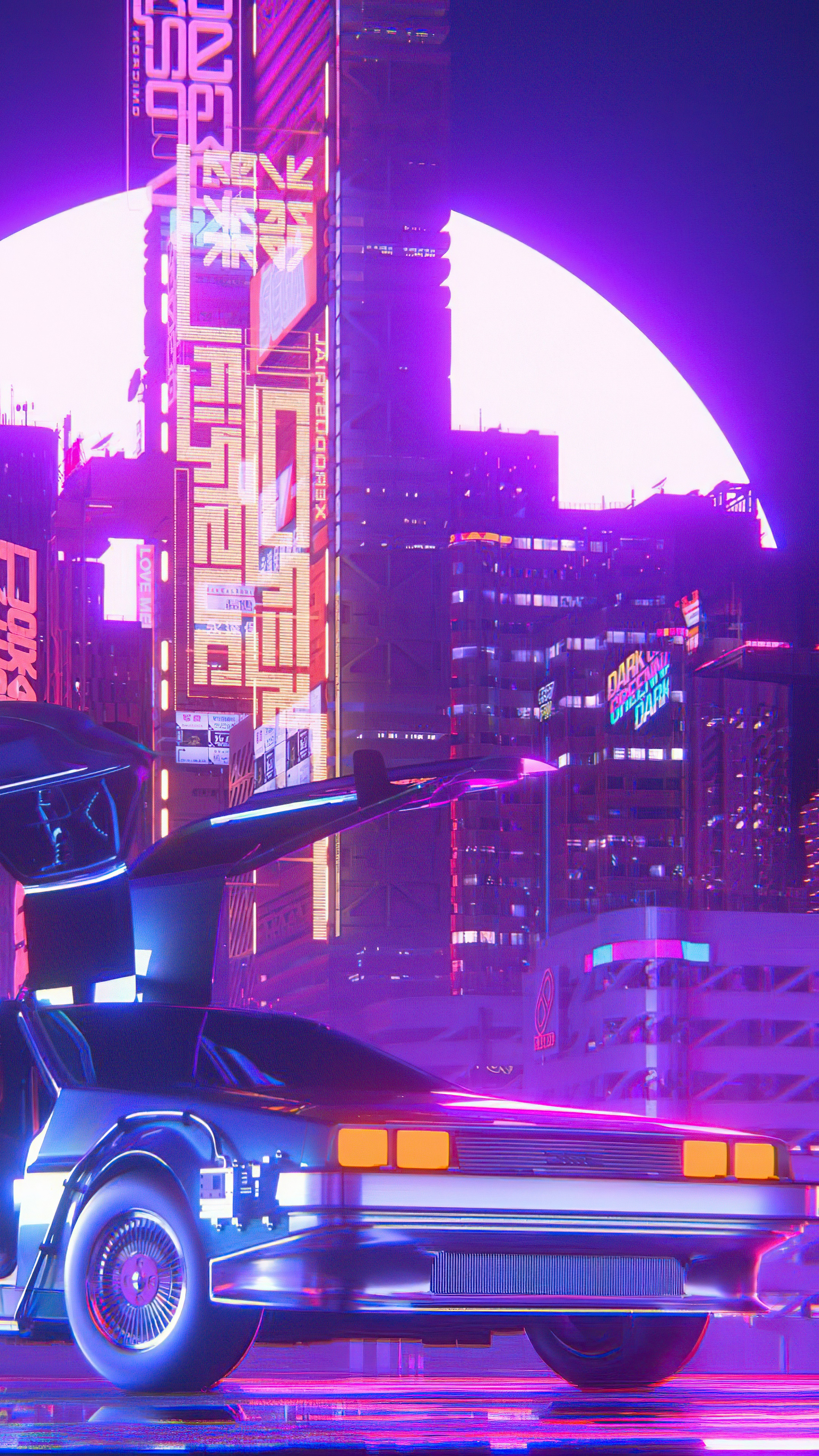 Delorean in a neon-lit cyberpunk city HD Phone Wallpaper