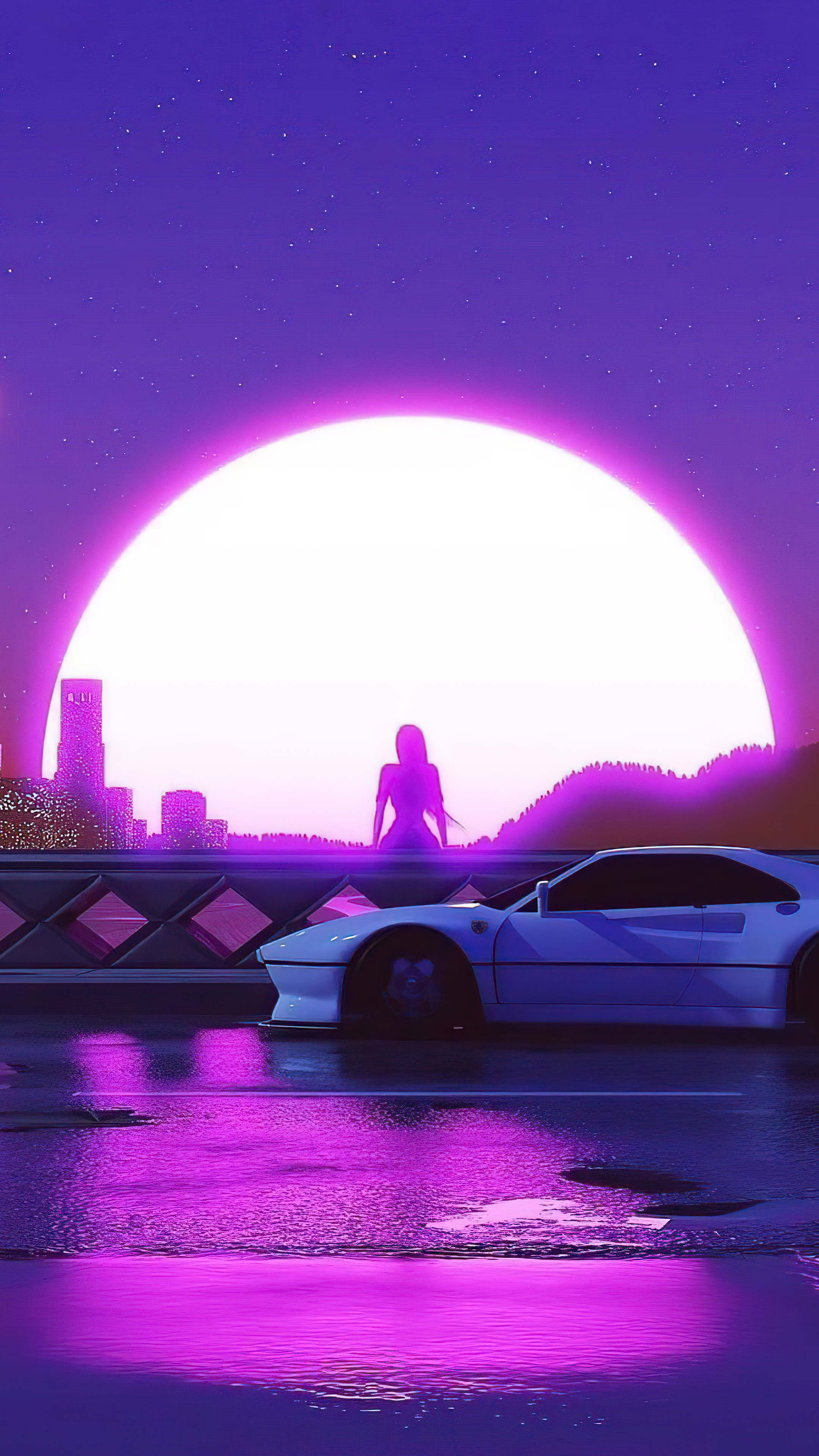 Retrowave artwork of a lone woman and a sports car HD Phone Wallpaper