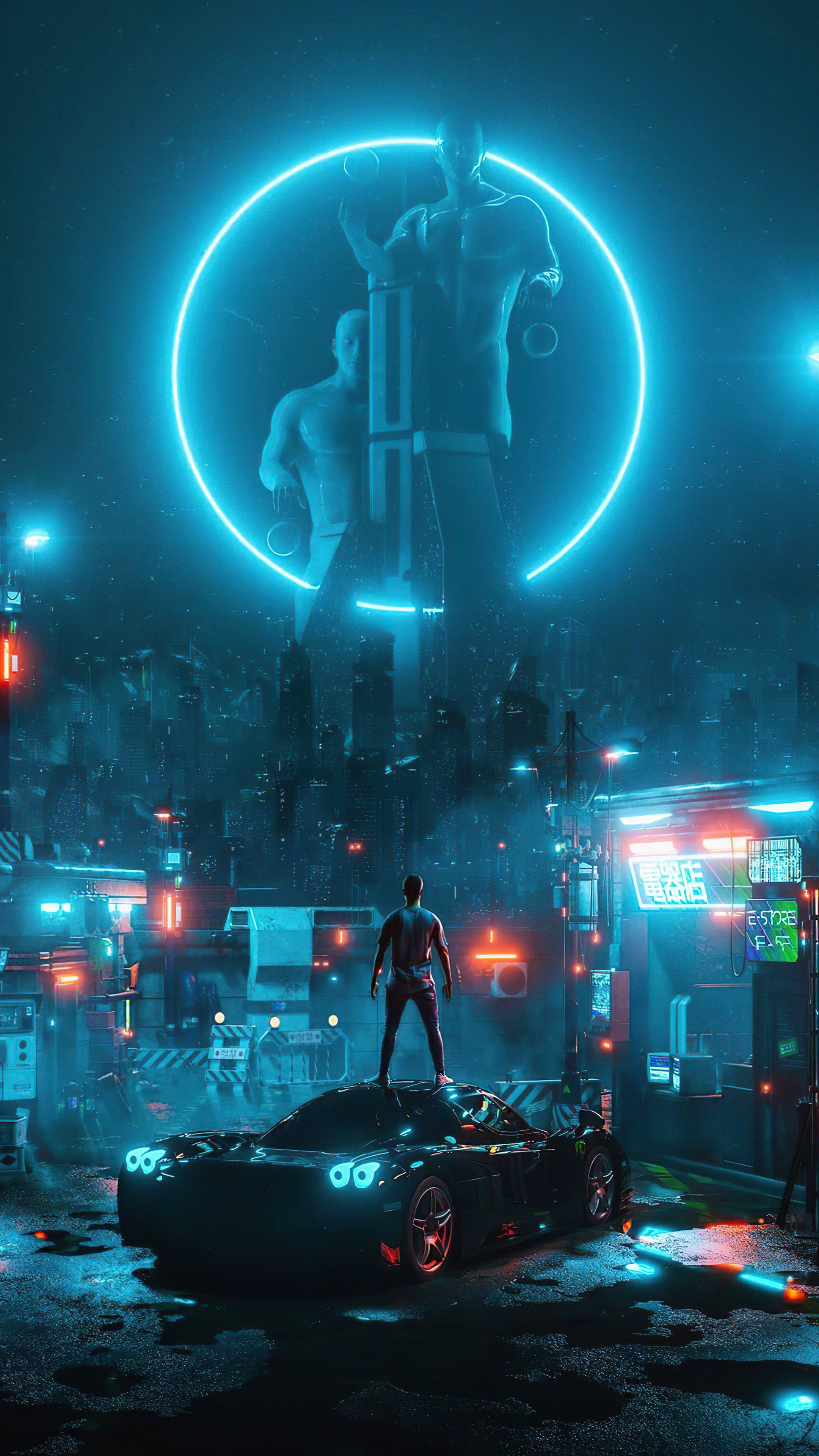 Cyberpunk city with man on sports car and neon statues HD Phone Wallpaper