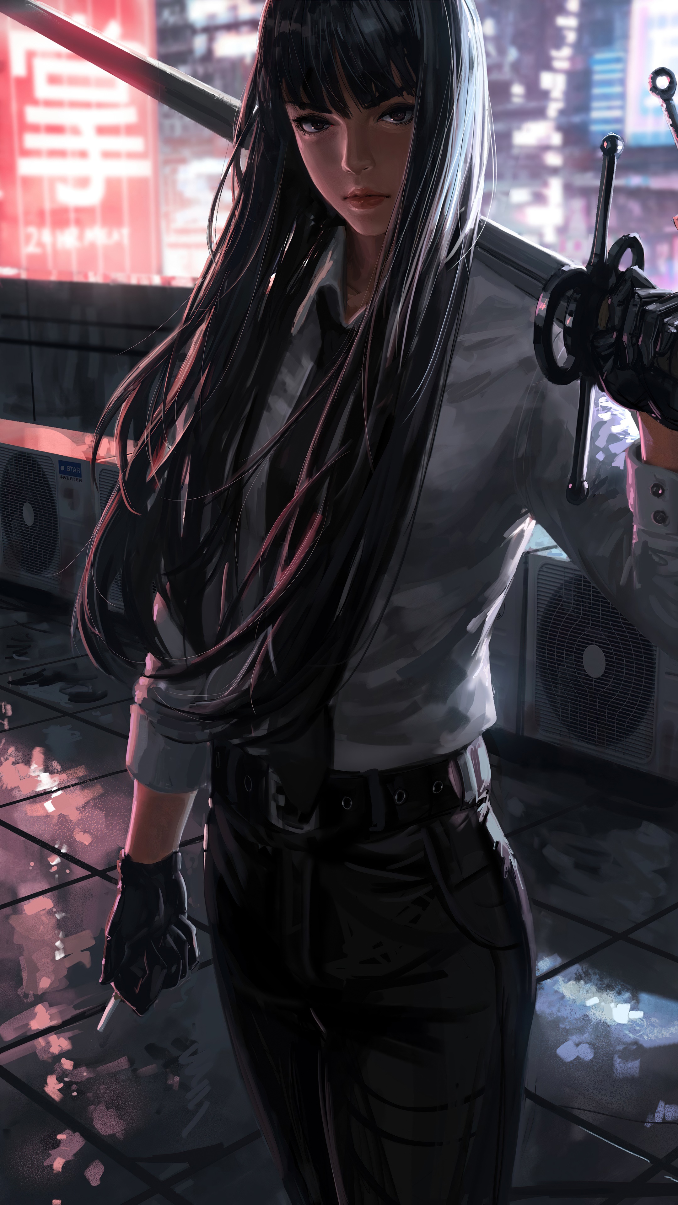 Anime warrior with sword in cyberpunk city HD Phone Wallpaper