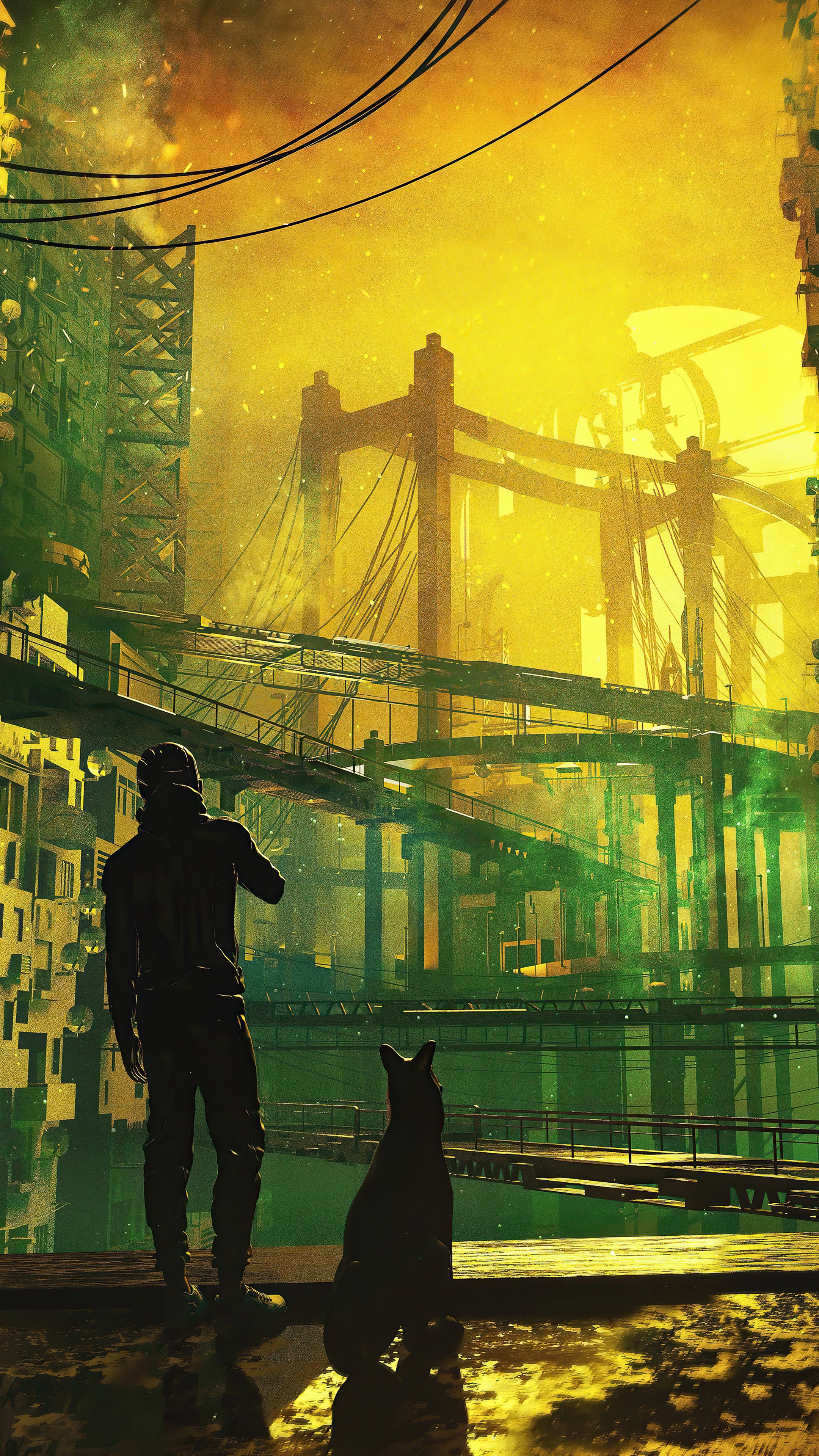 Man and dog overlook a futuristic city HD Phone Wallpaper