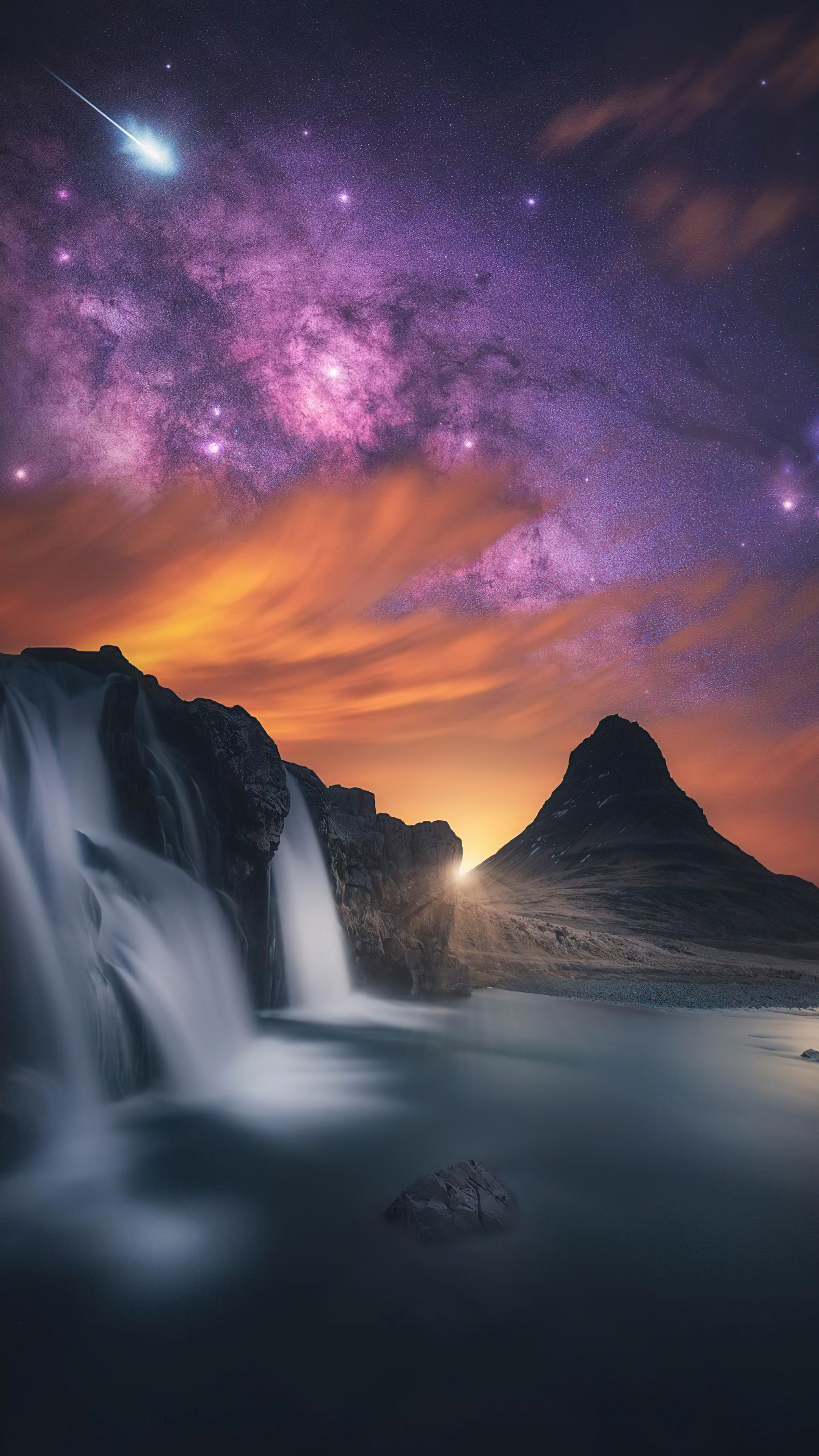 Waterfall under starry sky with mountains HD Phone Wallpaper