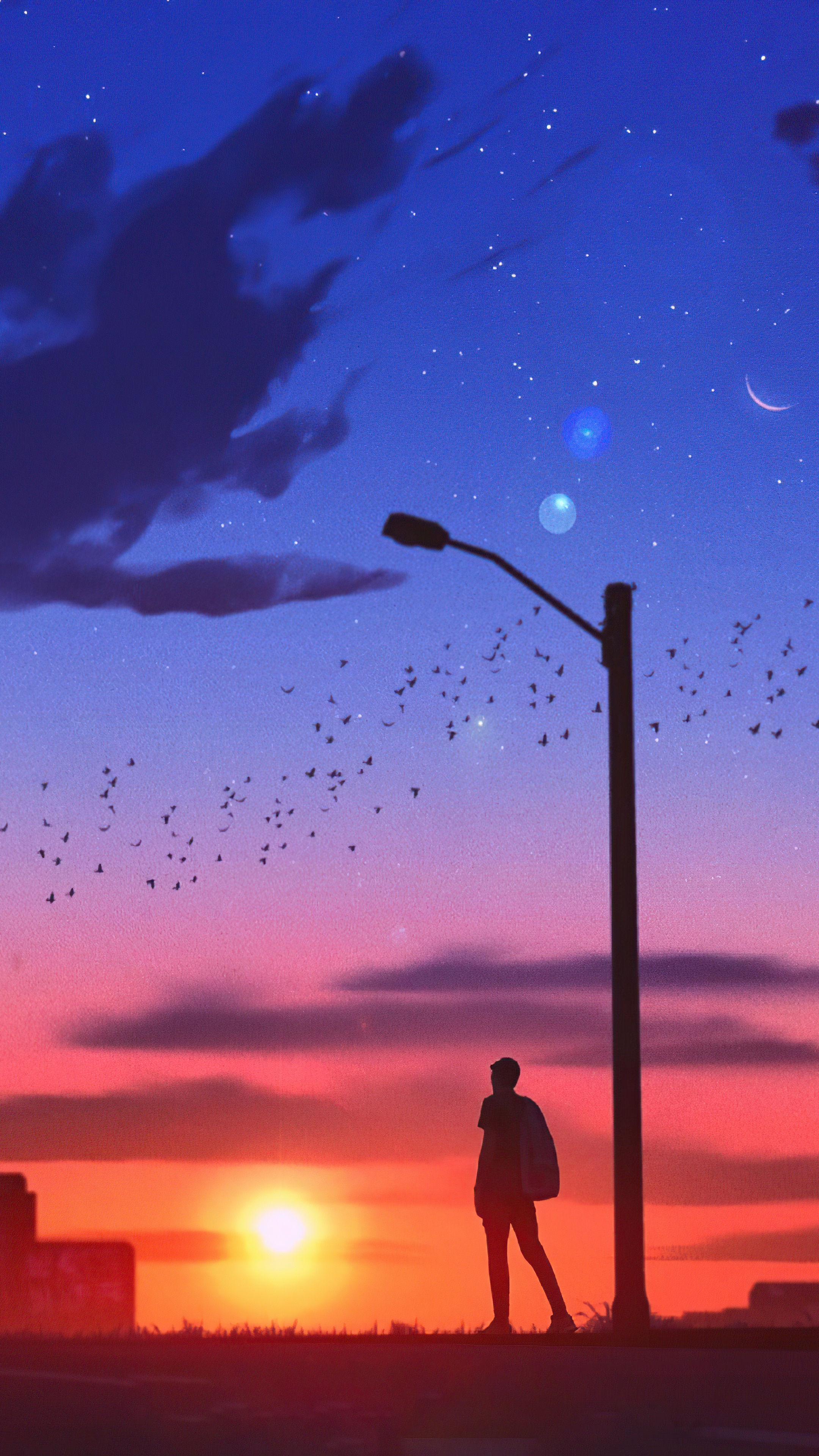 Silhouette of a person standing by a street lamp at sunset HD Phone Wallpaper