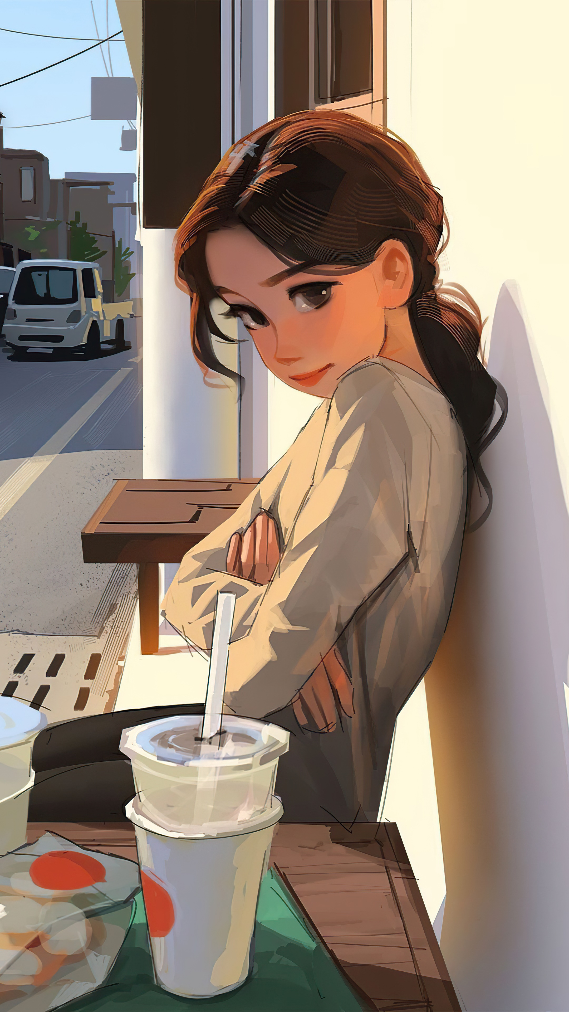 Girl with arms crossed at a cafe HD Phone Wallpaper