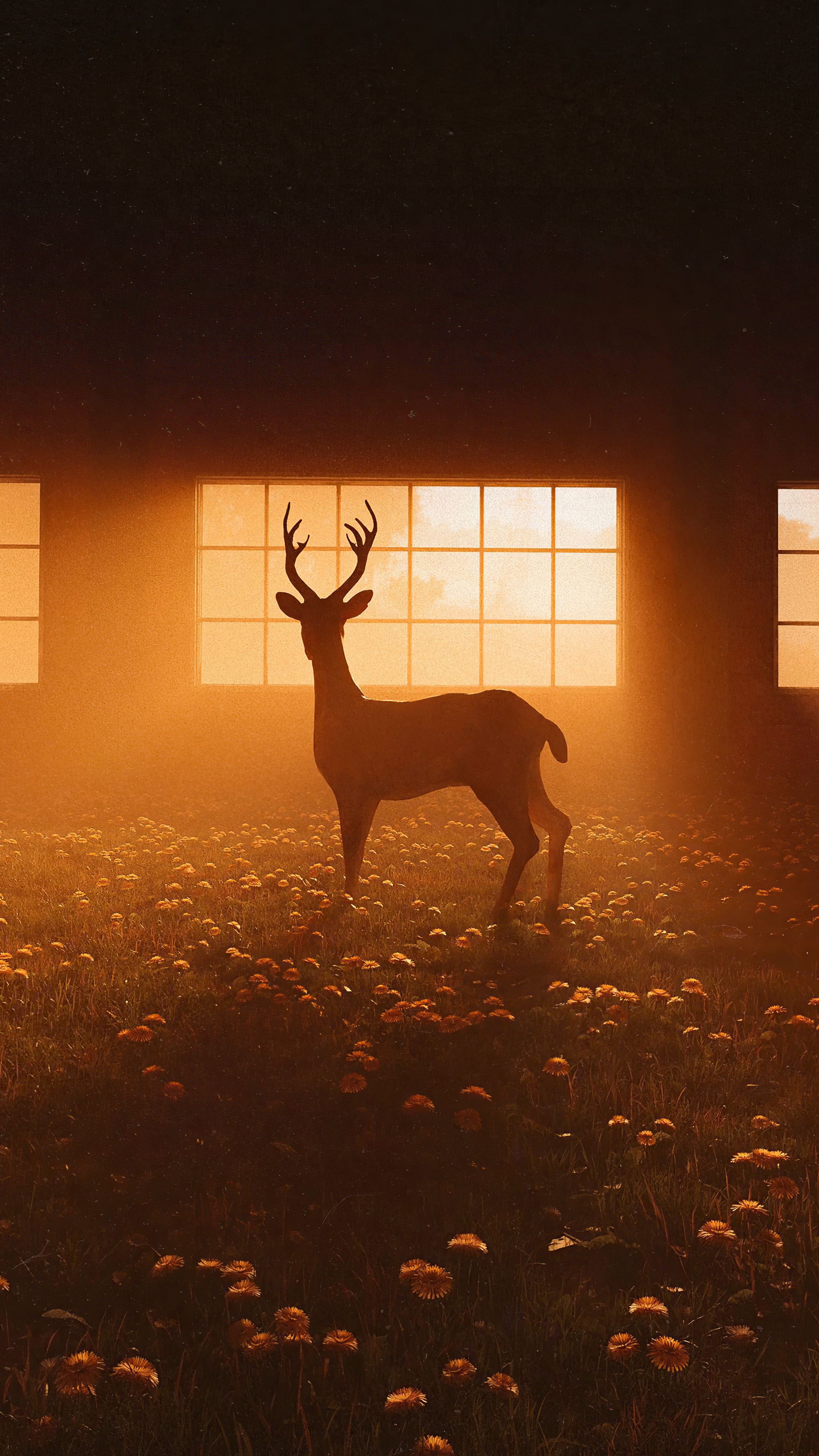 Deer in a field of flowers with windows HD Phone Wallpaper