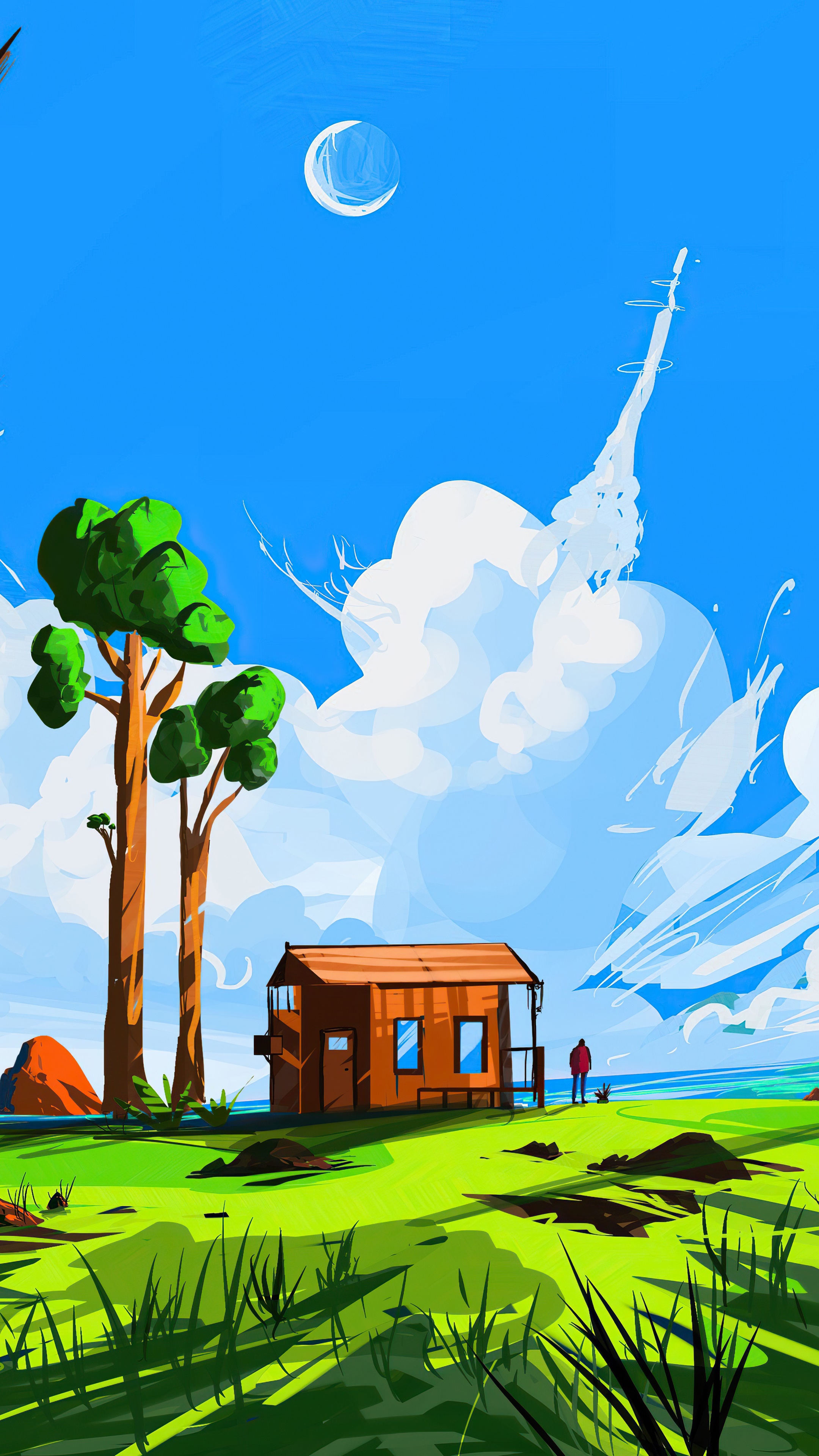 Digital art of a house in a landscape HD Phone Wallpaper