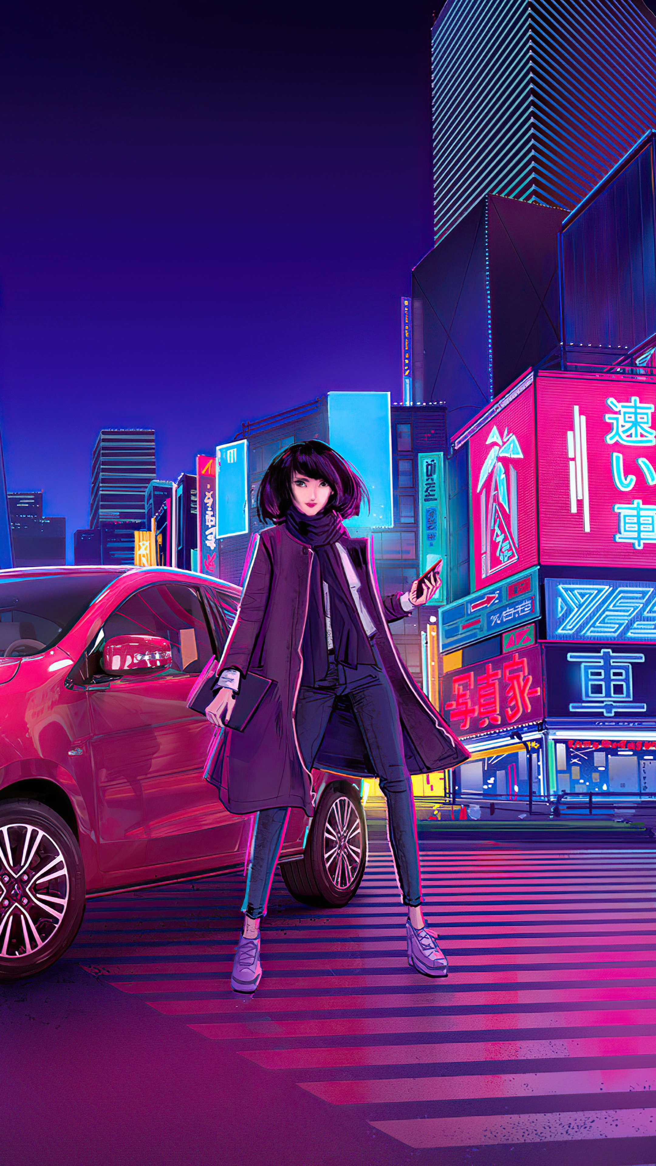 Girl in a purple coat in a neon city HD Phone Wallpaper