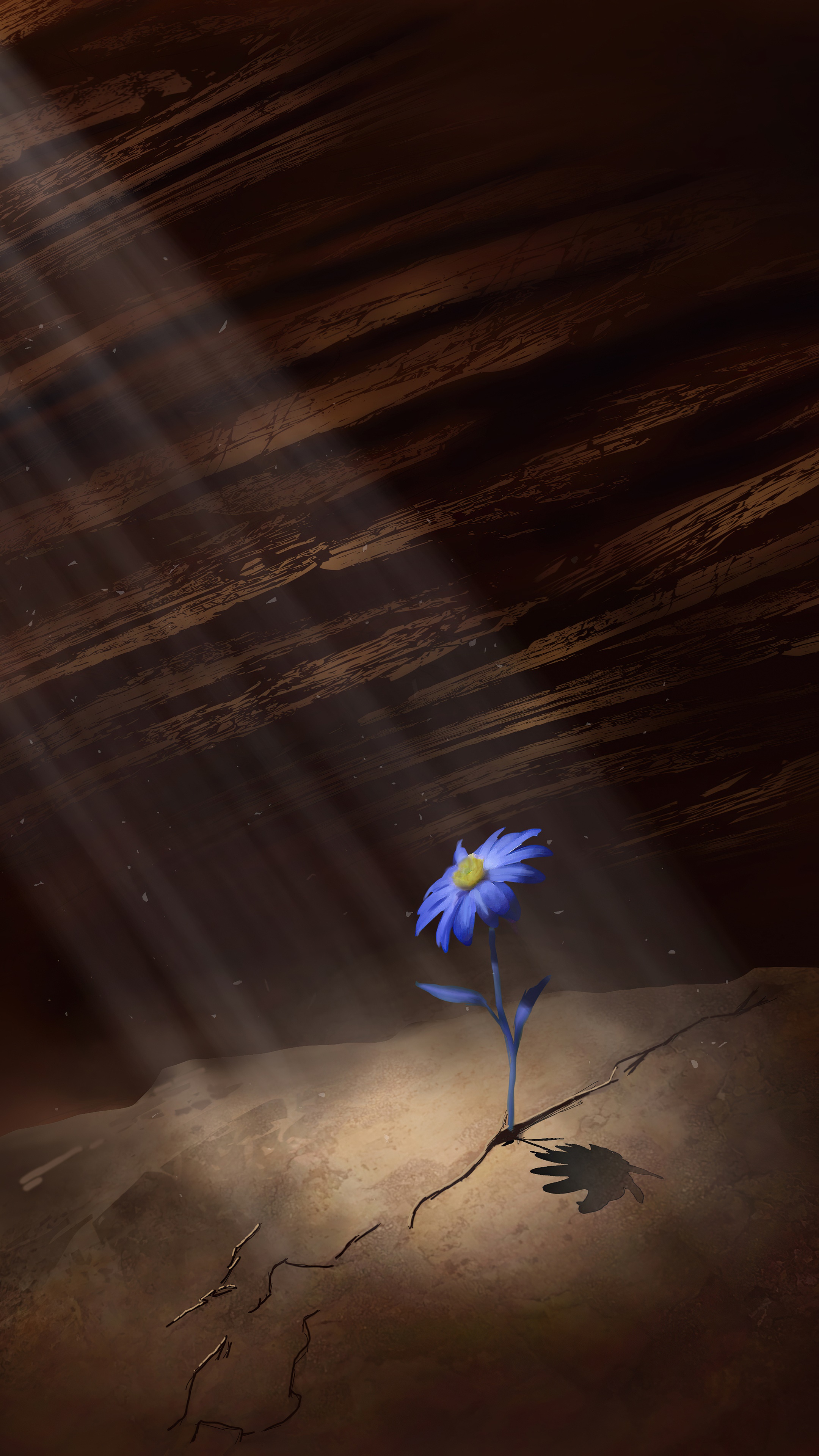 Blue flower growing in dark earth with light rays HD Phone Wallpaper
