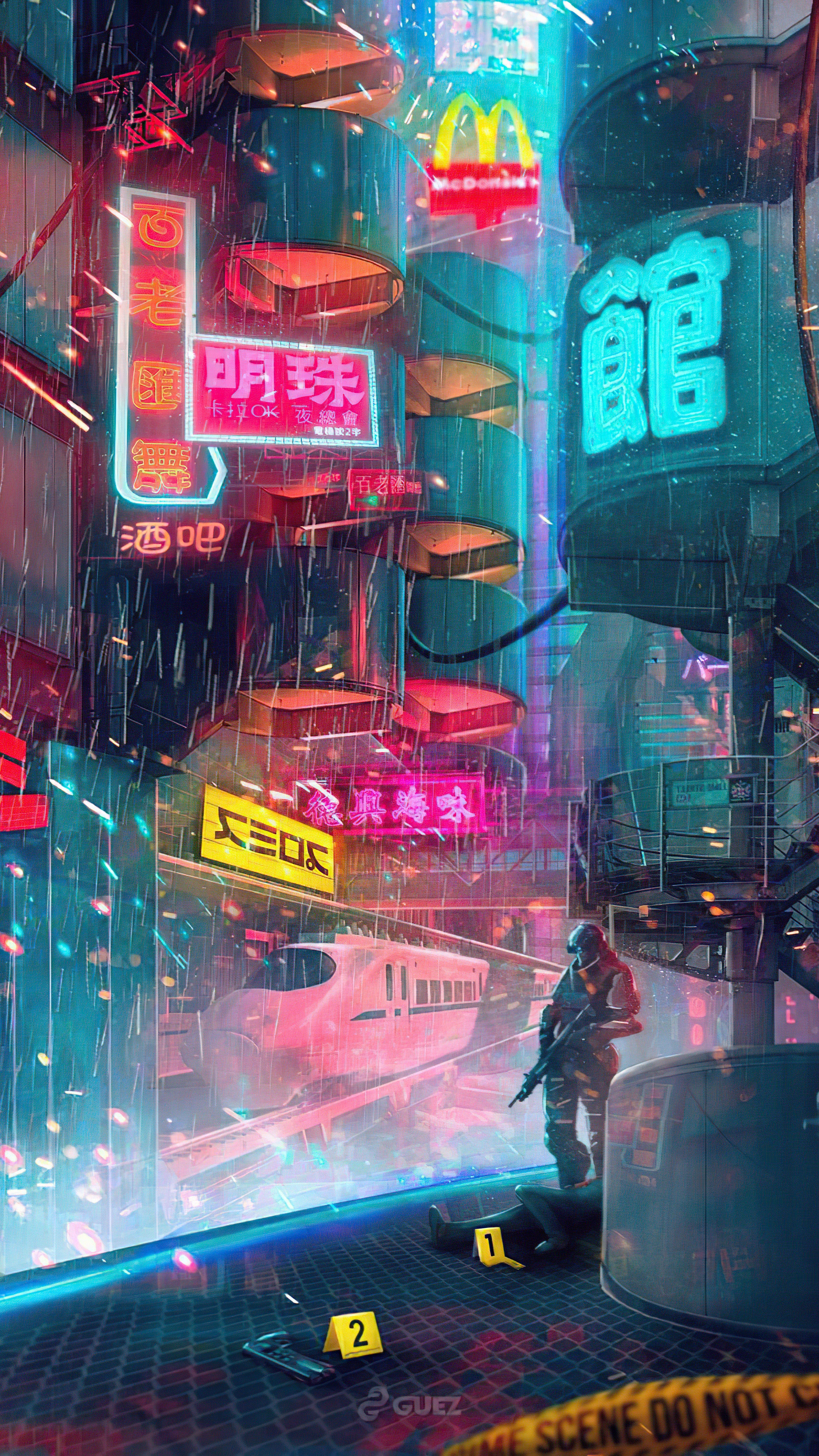Cyberpunk city scene with a soldier and a body HD Phone Wallpaper